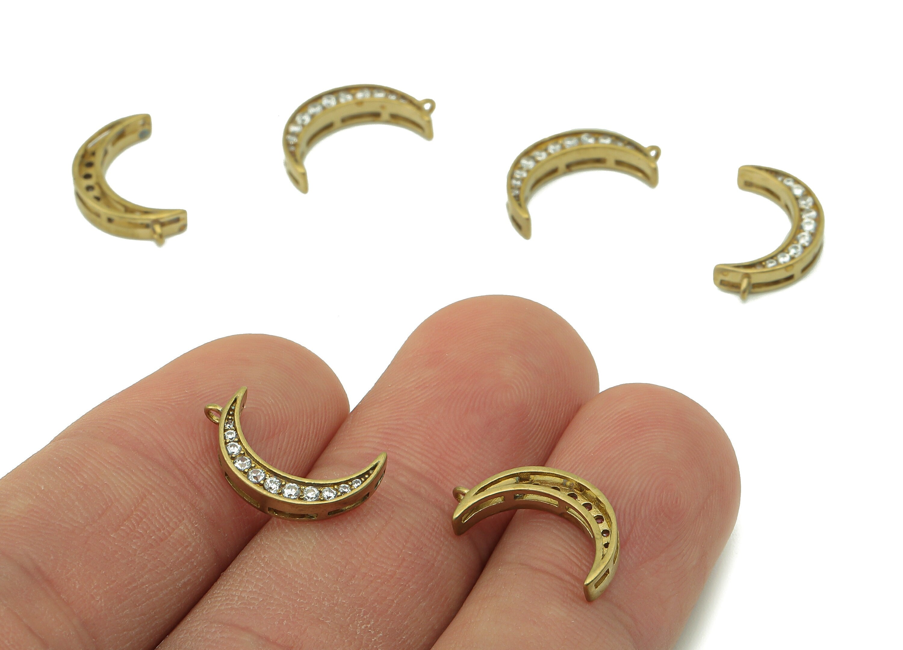 Brass Moon Earring Charms - Raw Brass Moon With Cubic Zirconia CZ - Crescent Pendant With Loop - For Necklace - 15.68x8.9x2.81mm - PP8229 - DOMEDBAZAAR