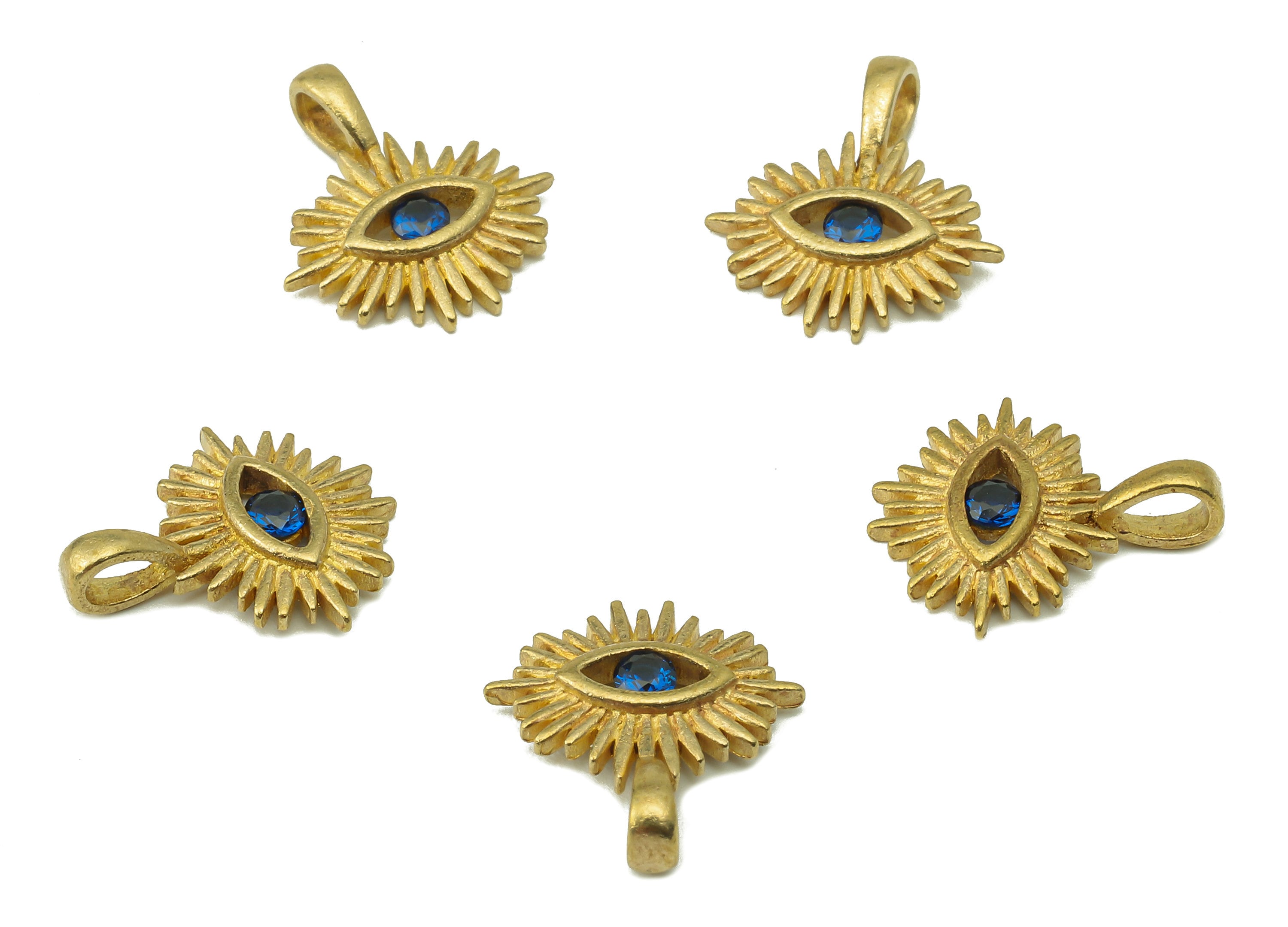 Brass Blue Eye Necklace Charms - Raw Brass Eye Pendant With Cubic Zirconia CZ - Eyelash Charms With Loop - 14.63x12.8x1.8mm -PP8231 - DOMEDBAZAAR