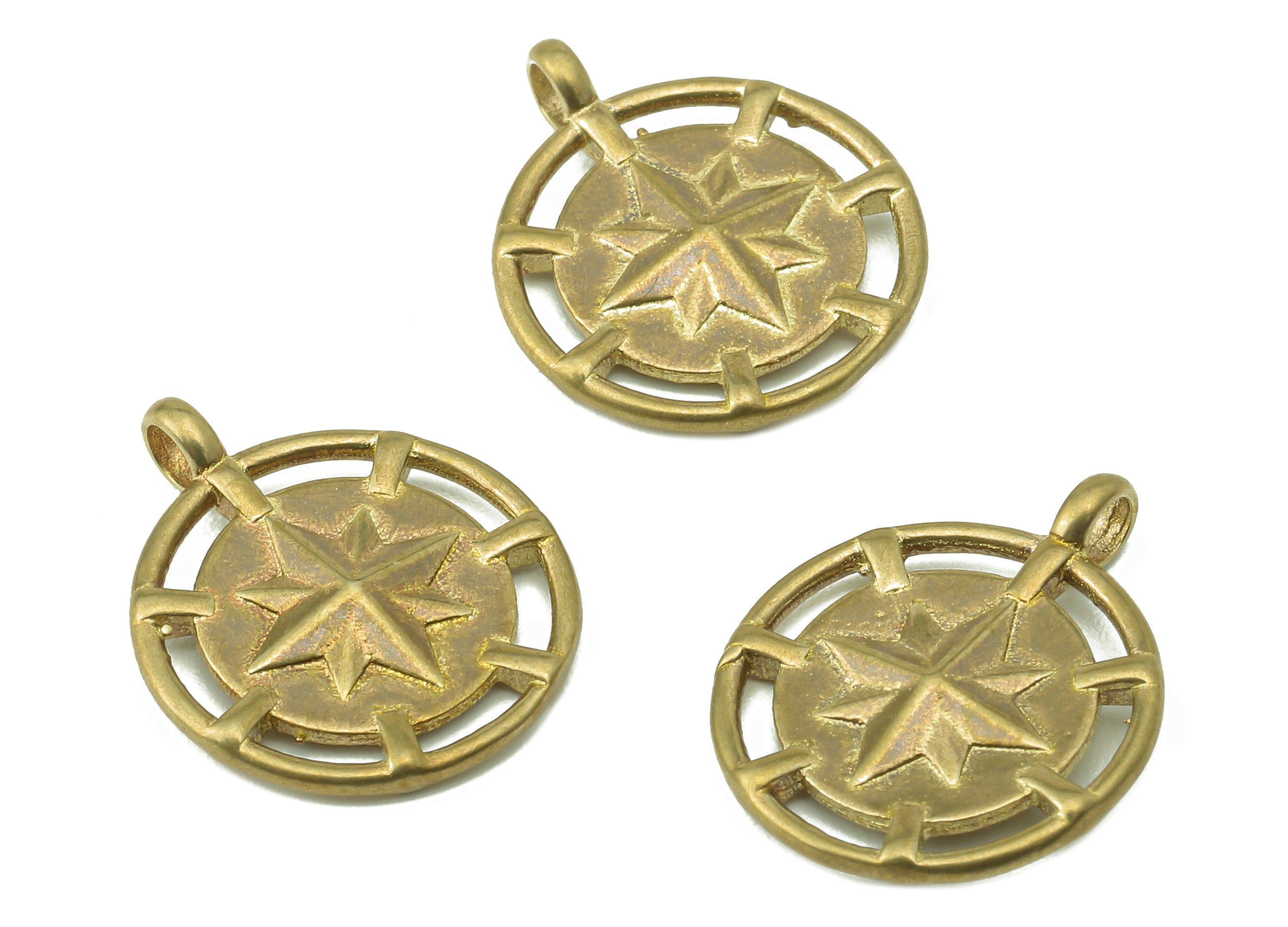 Brass Round Octagonal Star Earring Charms - Raw Brass Eight-Pointed Star Pendant With Loop - For Necklace - 18.54x15.3x2.35mm - PP8238 - DOMEDBAZAAR