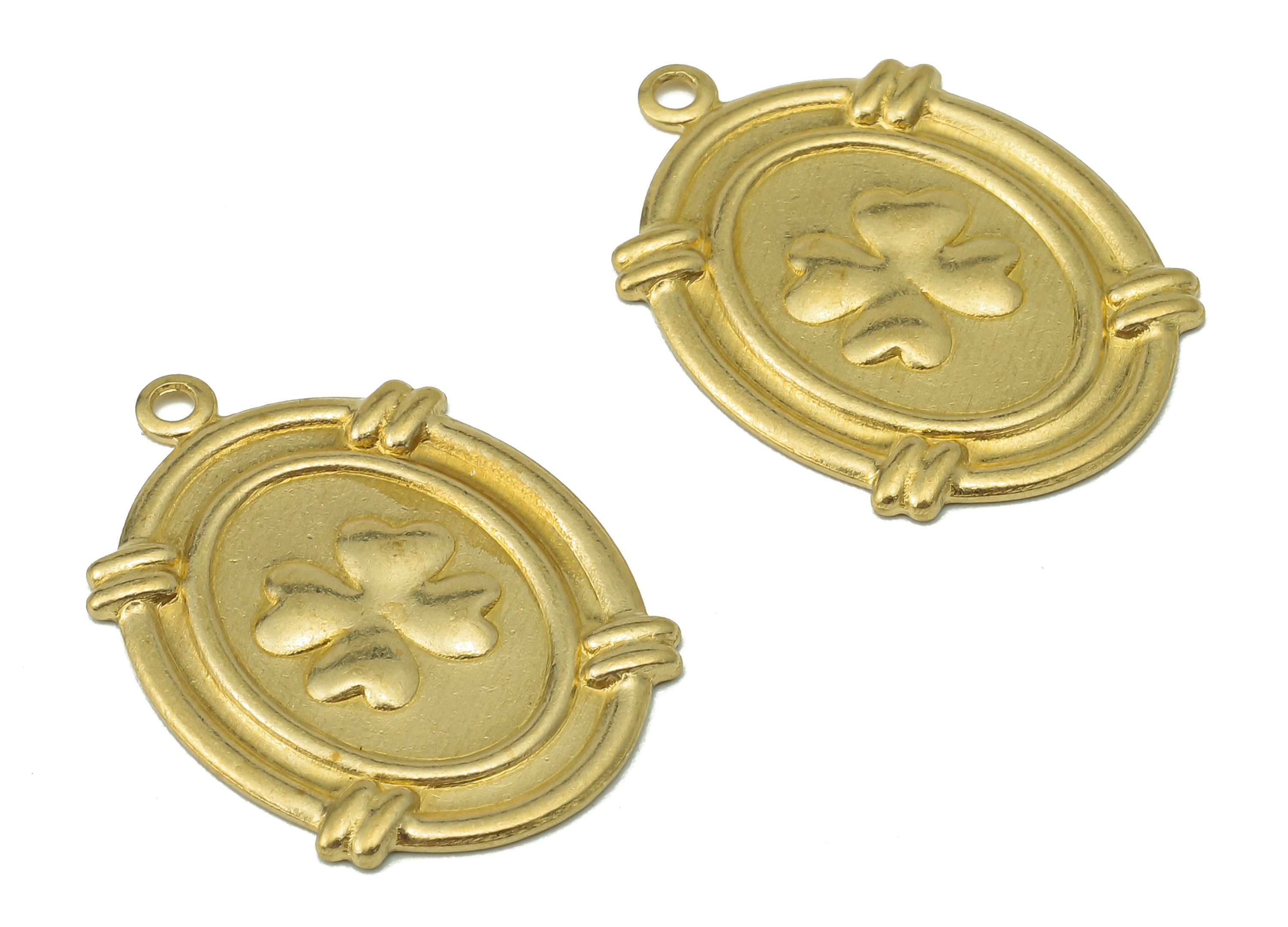 Brass Oval Earring Charms - Raw Brass Four Leaf Clover Pendant With Loop - Oval Leaves Charms - For Necklace - 25.86x18.12x1.13mm - PP8199 - DOMEDBAZAAR