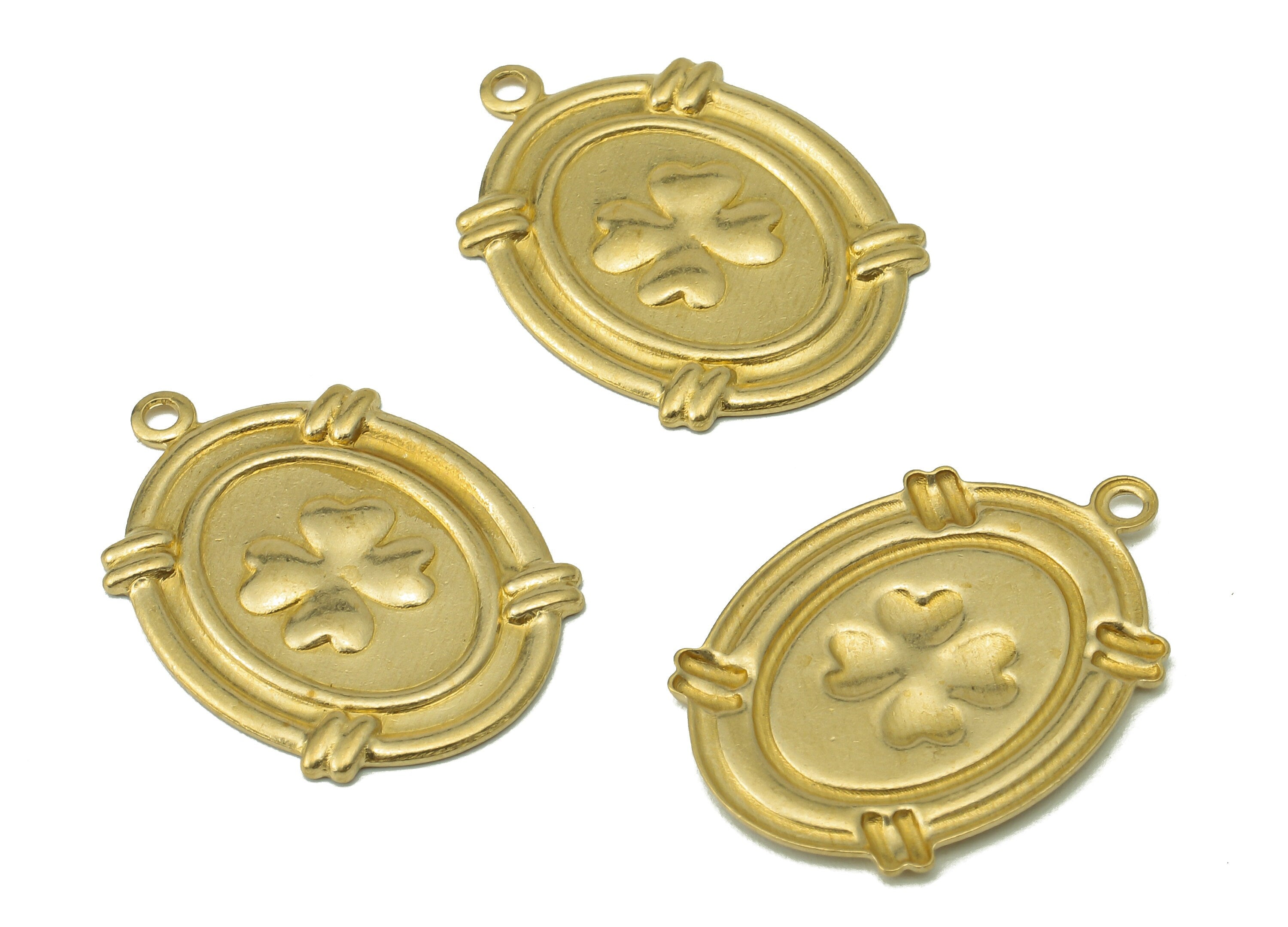 Brass Oval Earring Charms - Raw Brass Four Leaf Clover Pendant With Loop - Oval Leaves Charms - For Necklace - 25.86x18.12x1.13mm - PP8199 - DOMEDBAZAAR