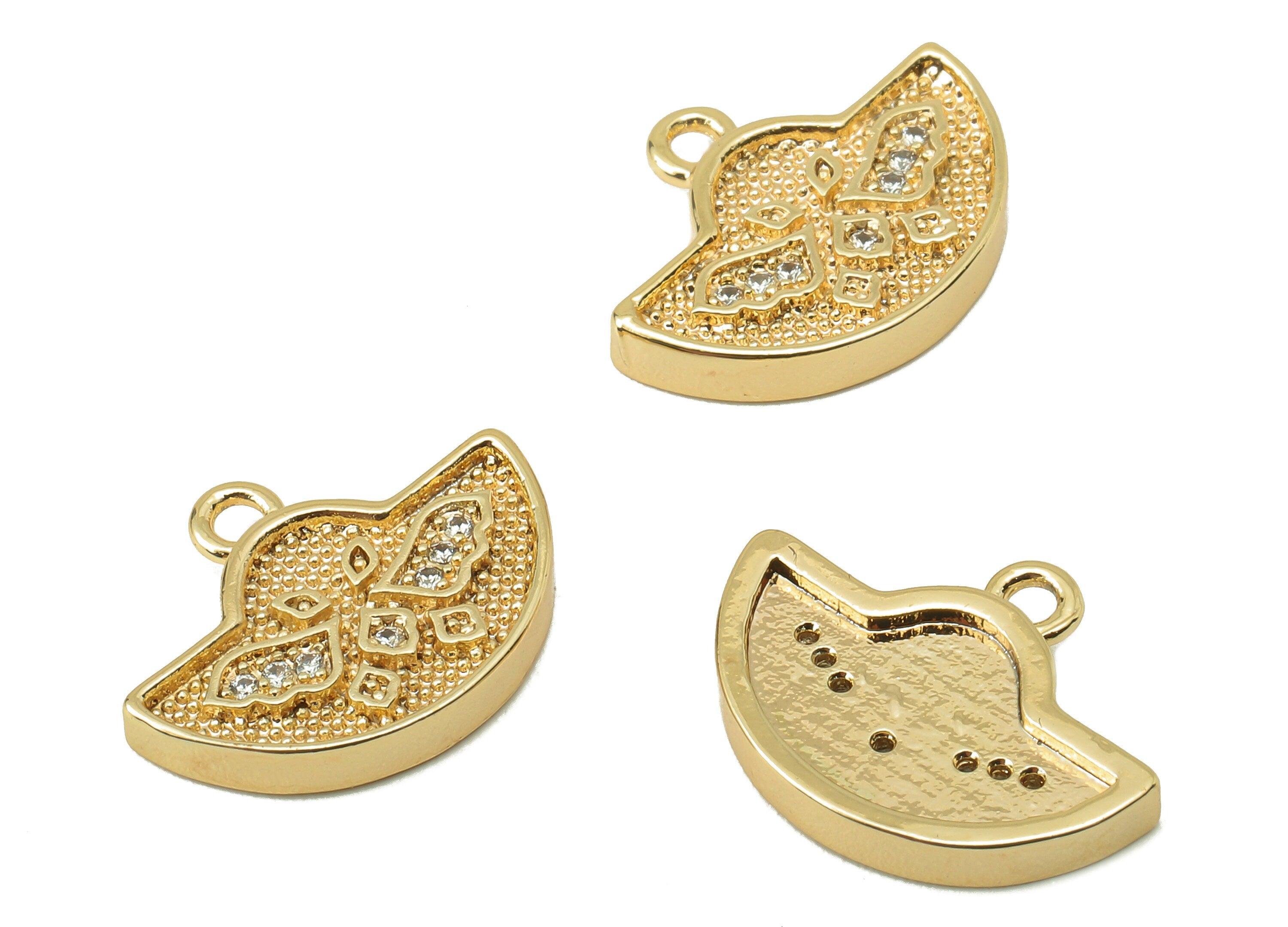 Brass CZ Ingots Earring Charm - Half Moon Cubic Zirconia - Semicircle Pendant With Loop - 18K Real Gold Plating - 15.13x11.8x2mm - RGP5823 - DOMEDBAZAAR