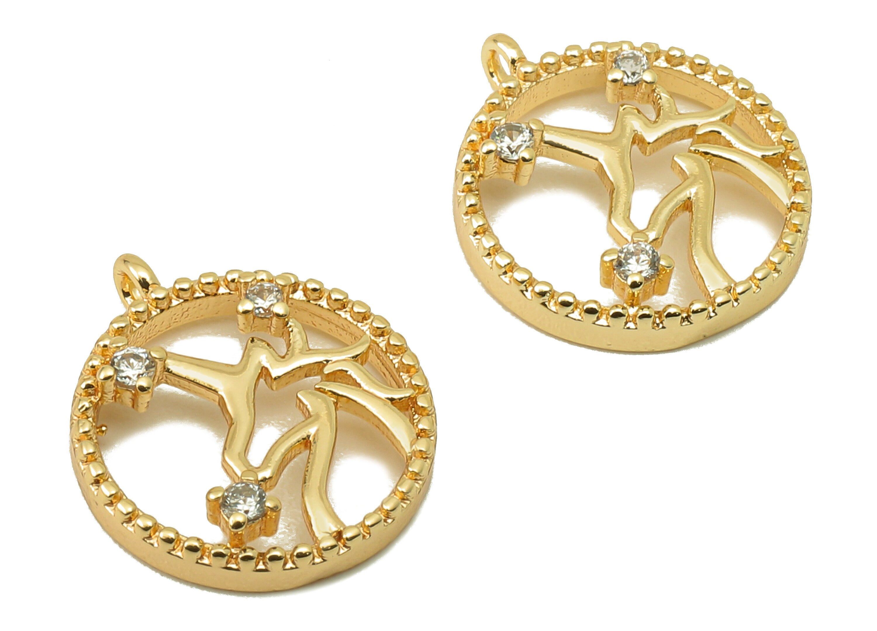 Brass Unicorn Round Earring Charms - Cubic Zirconia CZ Charms - Circle Pendant With Loop - 18K Real Gold Plating - 13.9x11.9x1.8mm - RGP5824 - DOMEDBAZAAR