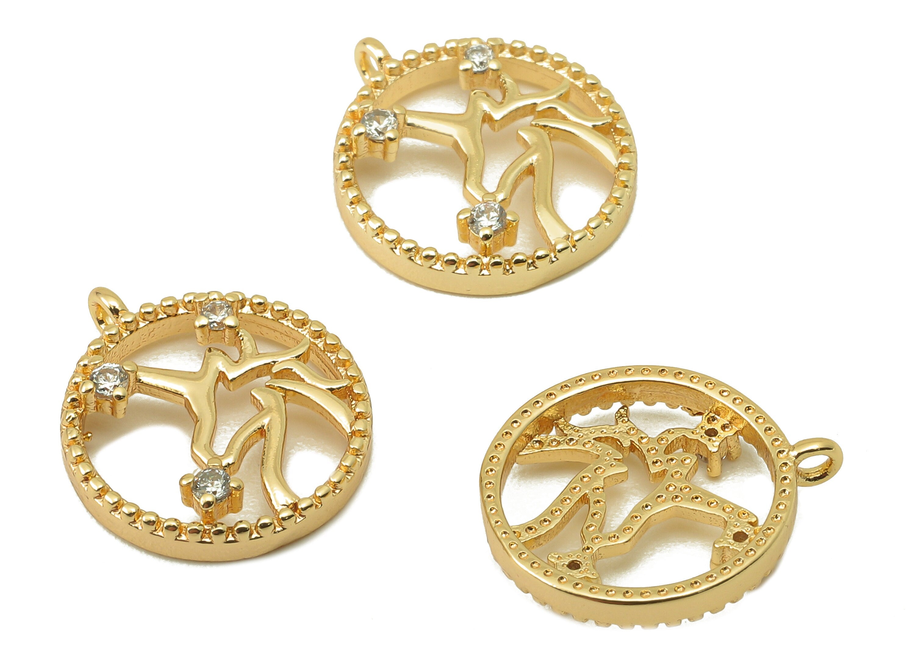 Brass Unicorn Round Earring Charms - Cubic Zirconia CZ Charms - Circle Pendant With Loop - 18K Real Gold Plating - 13.9x11.9x1.8mm - RGP5824 - DOMEDBAZAAR