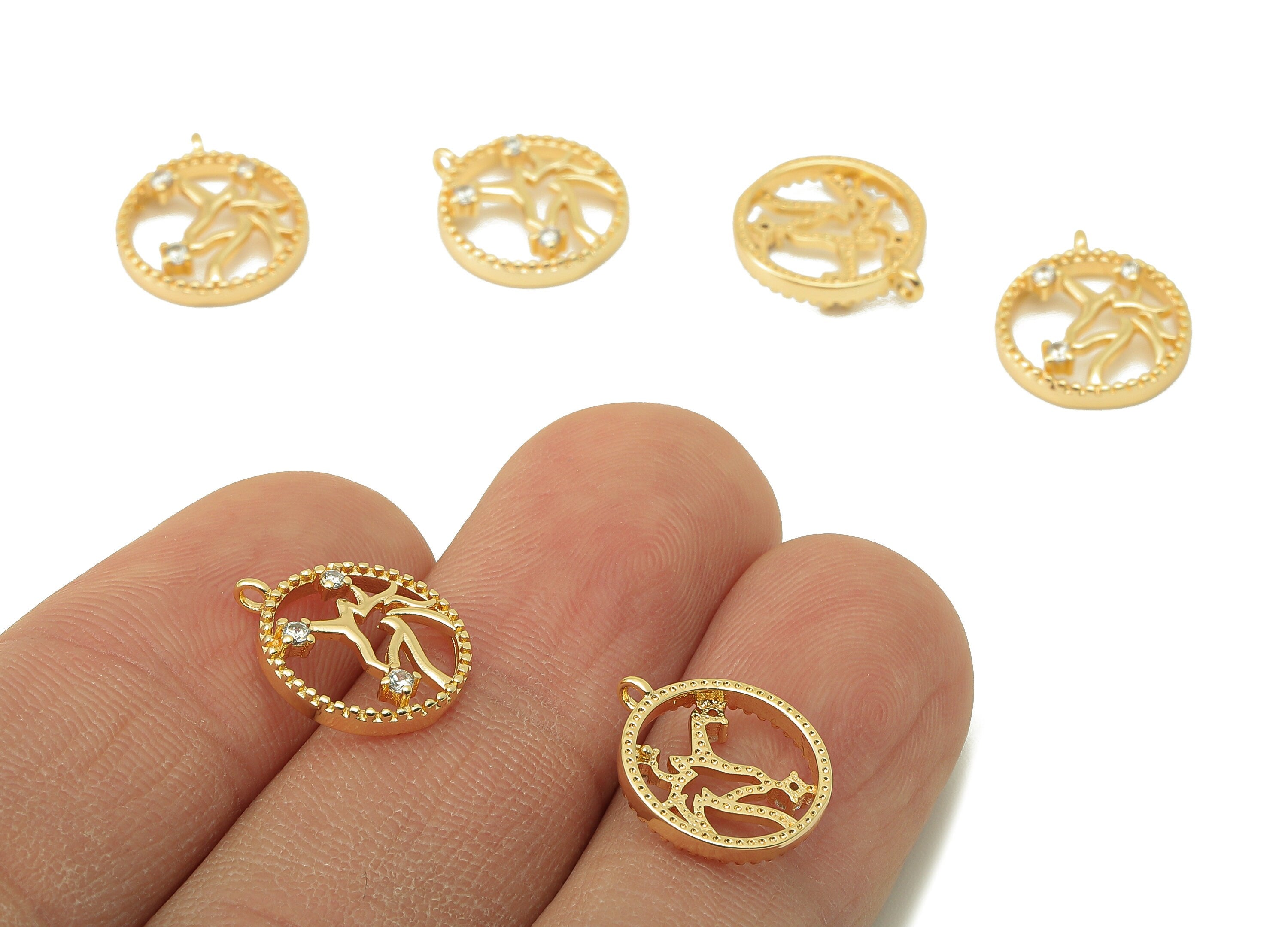 Brass Unicorn Round Earring Charms - Cubic Zirconia CZ Charms - Circle Pendant With Loop - 18K Real Gold Plating - 13.9x11.9x1.8mm - RGP5824 - DOMEDBAZAAR