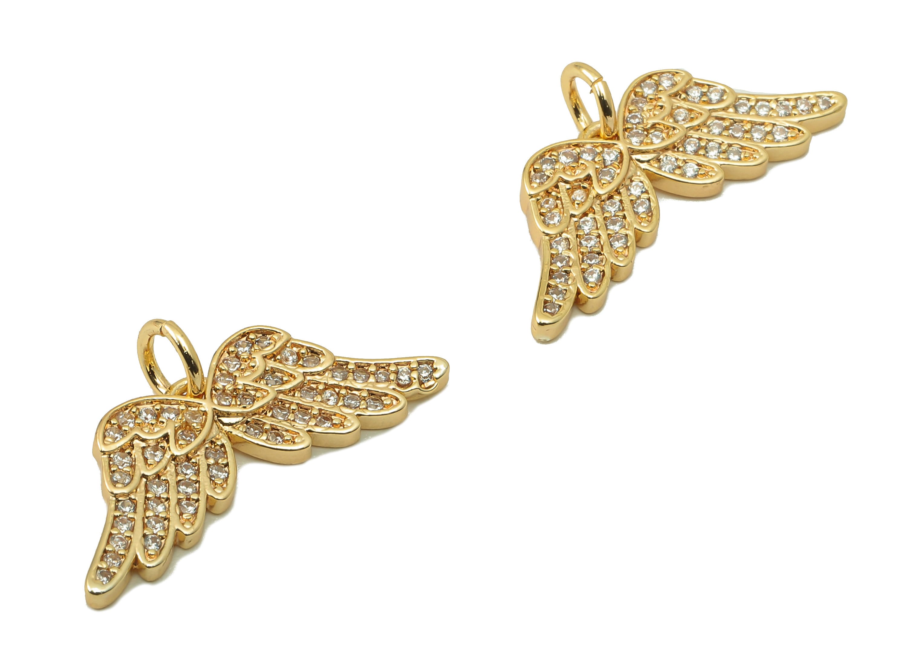 Brass Wings Earring Charms - Angles Wings Zirconia CZ Charms - Brass Pendant With Loop - 18K Real Gold Plating -23.42x 9.53x1.35mm - RGP5826 - DOMEDBAZAAR