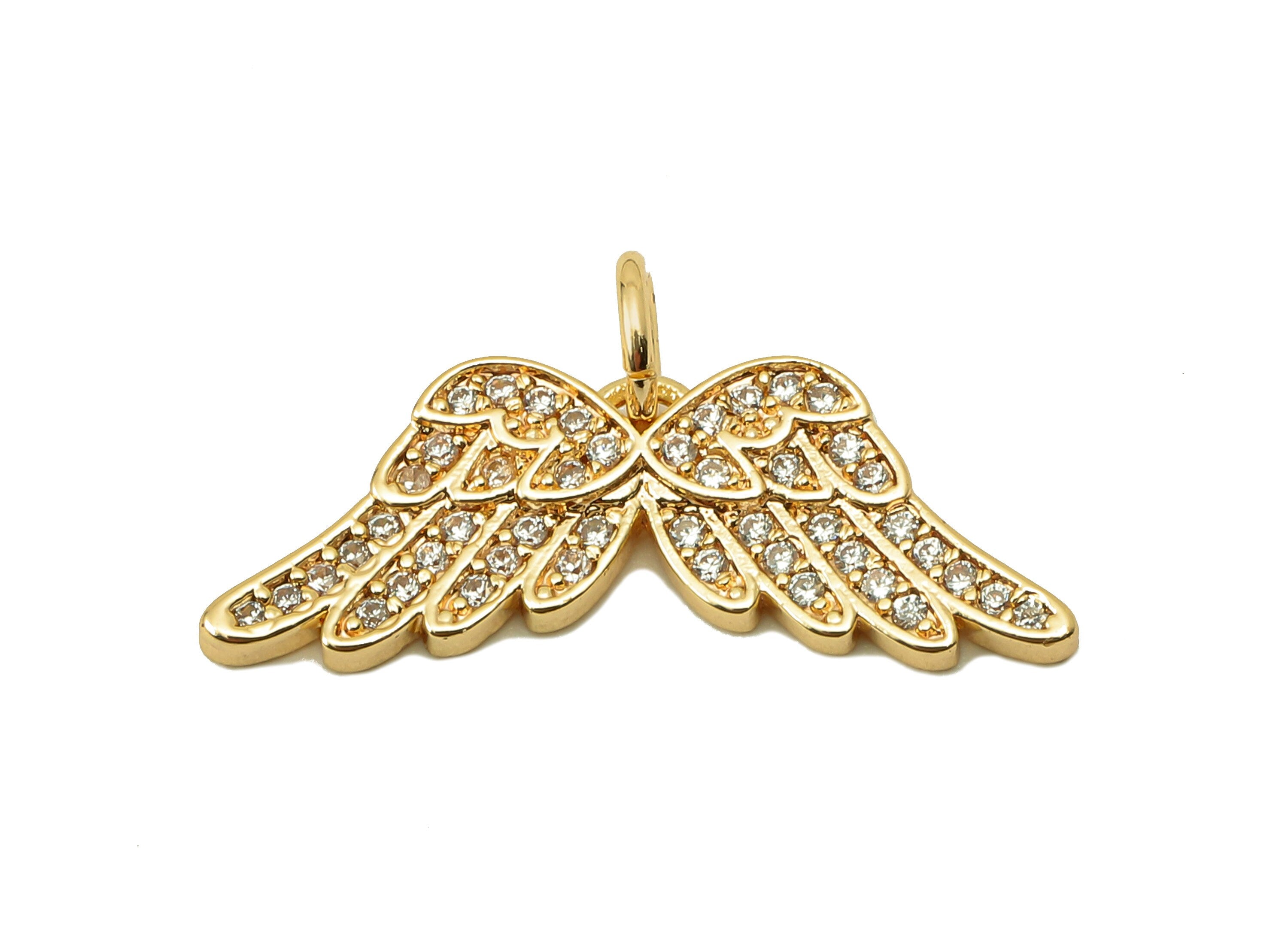 Brass Wings Earring Charms - Angles Wings Zirconia CZ Charms - Brass Pendant With Loop - 18K Real Gold Plating -23.42x 9.53x1.35mm - RGP5826 - DOMEDBAZAAR