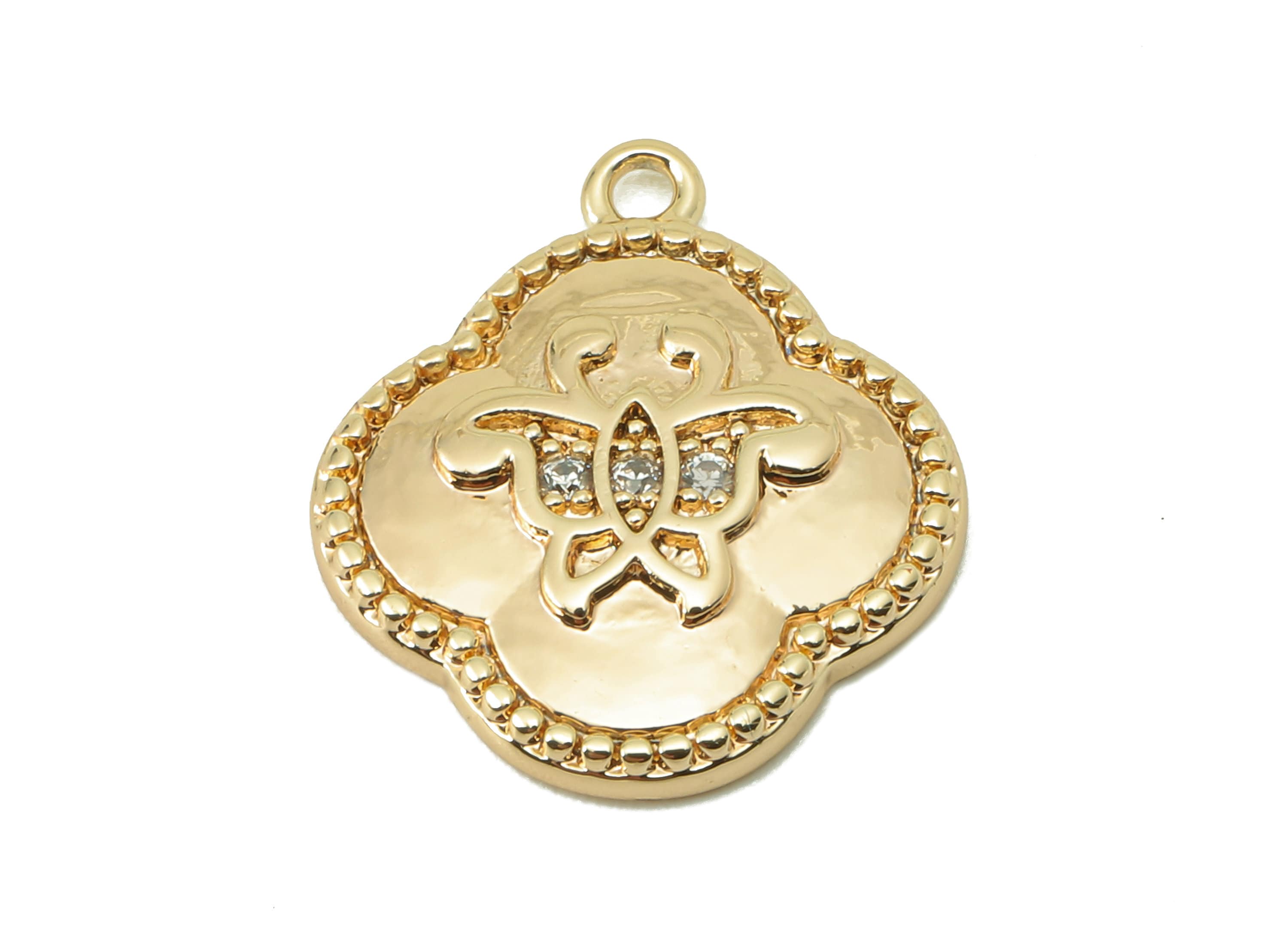 Brass Butterfly Earring Charm - Brass Cubic Zirconia CZ Lucky Leaf Charms - Pendant With Loop-18K Real Gold Plating-17.2x14.9x2.32mm-RGP5828 - DOMEDBAZAAR