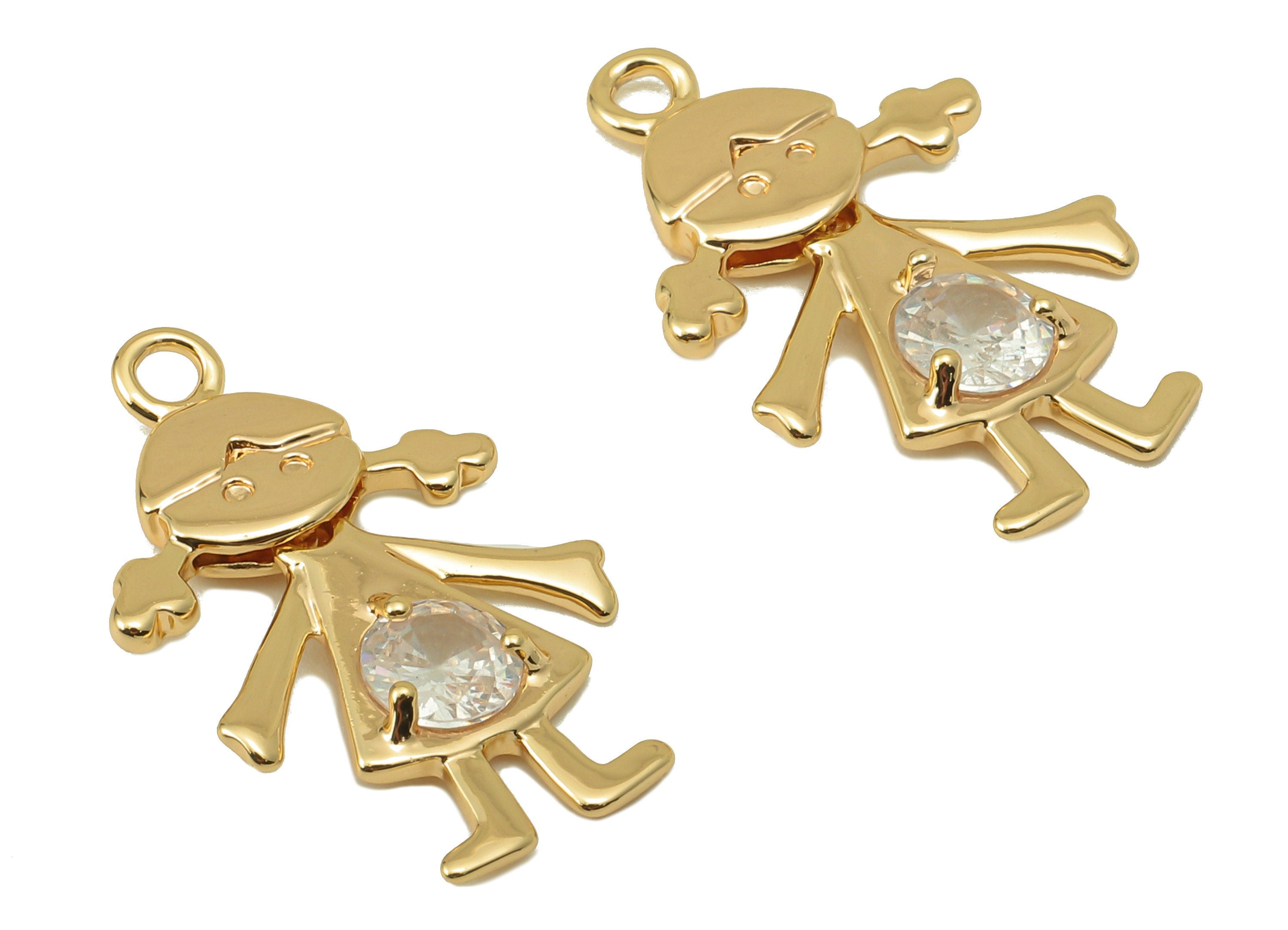 Brass Girl Earring Charm - Shake Body Cubic Zirconia CZ Charm - Little Girl Pendant With Loop-18K Real Gold Plating-24x14.43x2.57mm- RGP5830 - DOMEDBAZAAR
