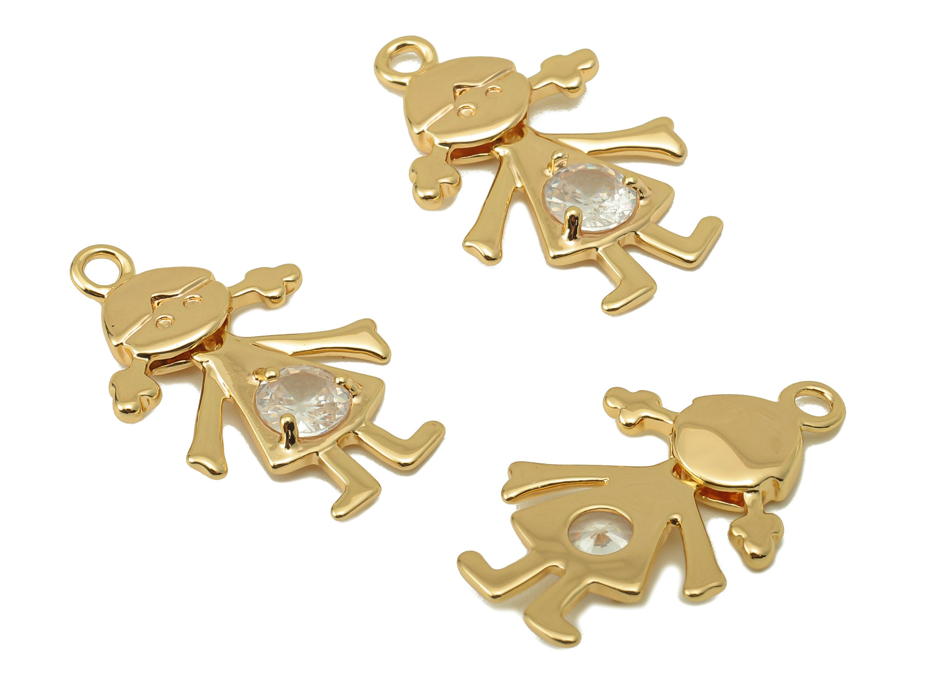 Brass Girl Earring Charm - Shake Body Cubic Zirconia CZ Charm - Little Girl Pendant With Loop-18K Real Gold Plating-24x14.43x2.57mm- RGP5830 - DOMEDBAZAAR