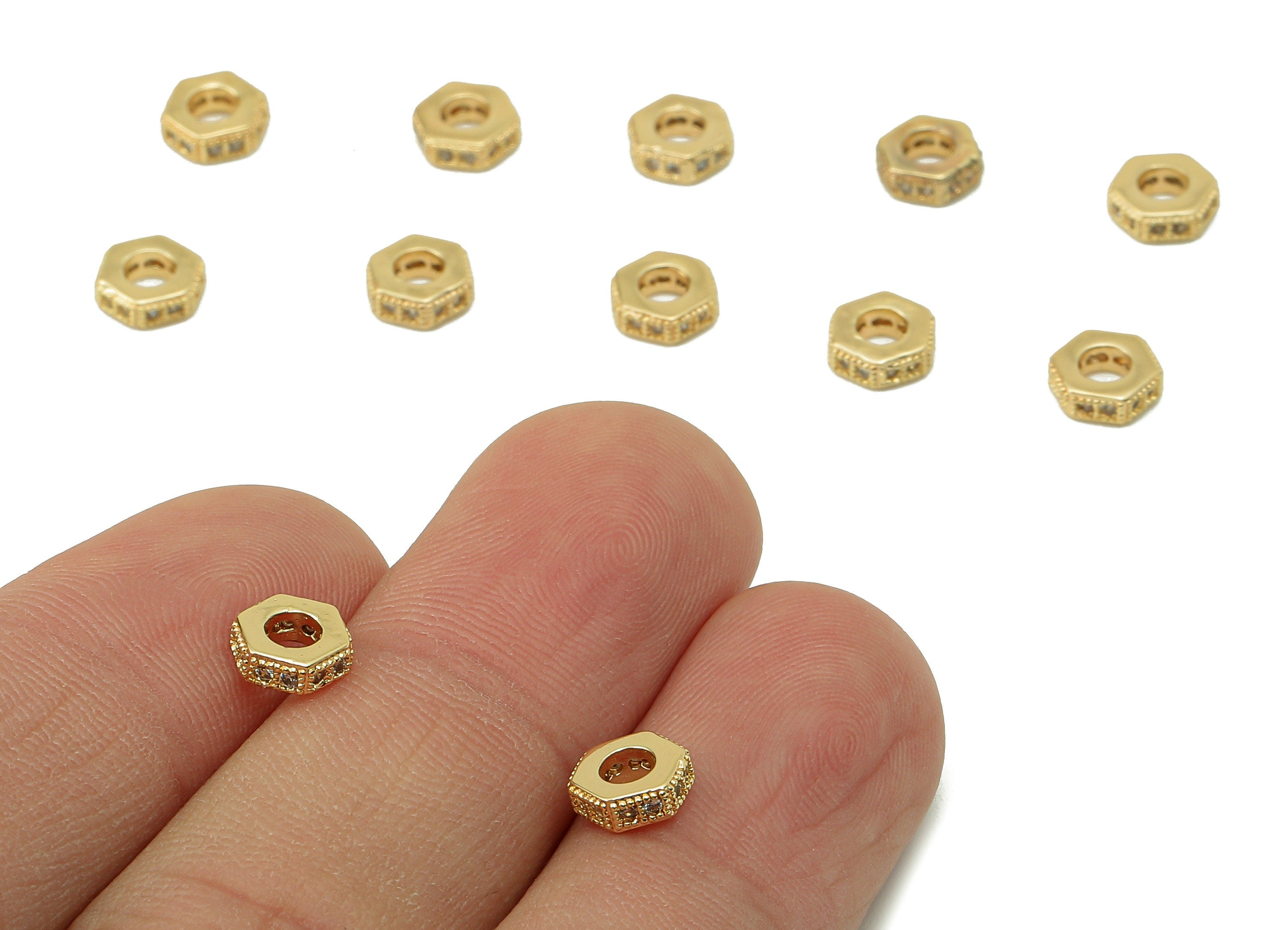 Brass Hexagon Earring Charms - Screw Cubic Zirconia CZ Charms - Brass Spacer Beads - 18K Real Gold Plating -6.33x6.33x2.24mm- RGP5831 - DOMEDBAZAAR