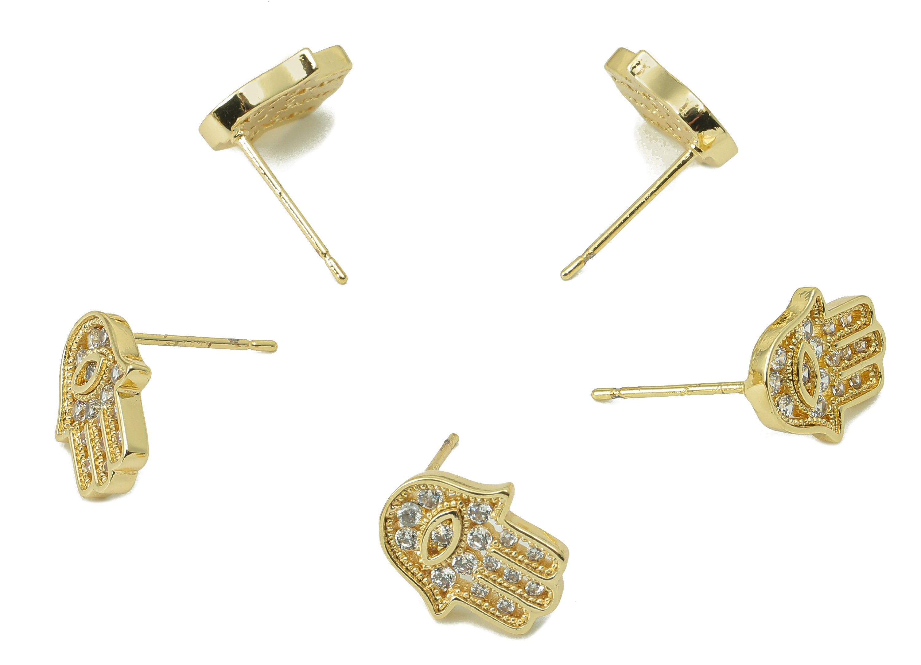 Brass Hamsa Stud Earring -Evil Eye Cubic Zirconia CZ Stud - Solid Gold mini Hamsa Earrings - 18K Real Gold Plating -12.06x9.97x1.7mm-RGP5833 - DOMEDBAZAAR