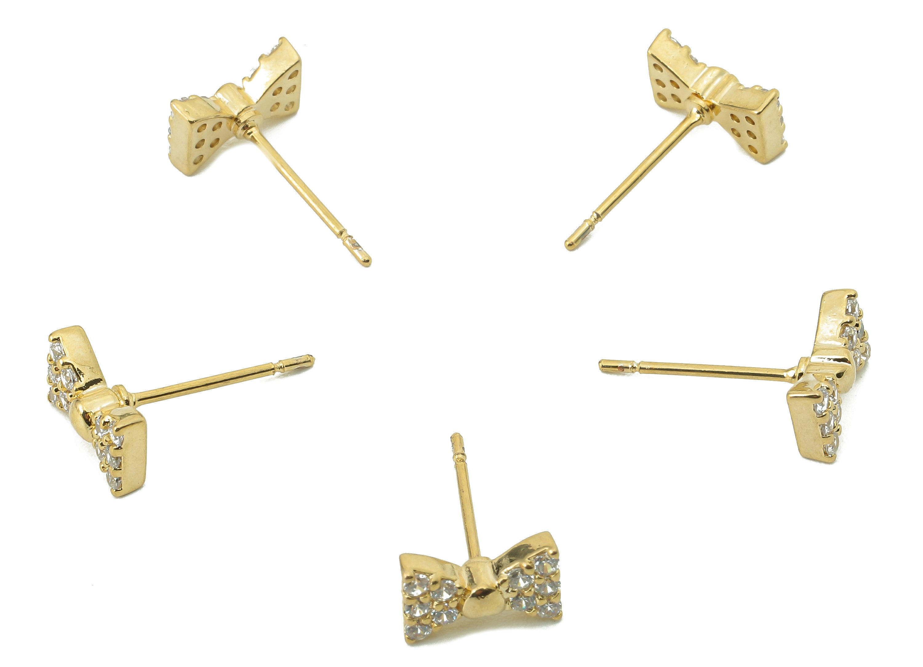Brass Butterfly Bow Earring Post-Brass Mini Heart Cubic Zirconia Dickey Stud - Bowtie CZ Stud-18K Real Gold Plating-8.86x5.57x2.26mm-RGP5837 - DOMEDBAZAAR