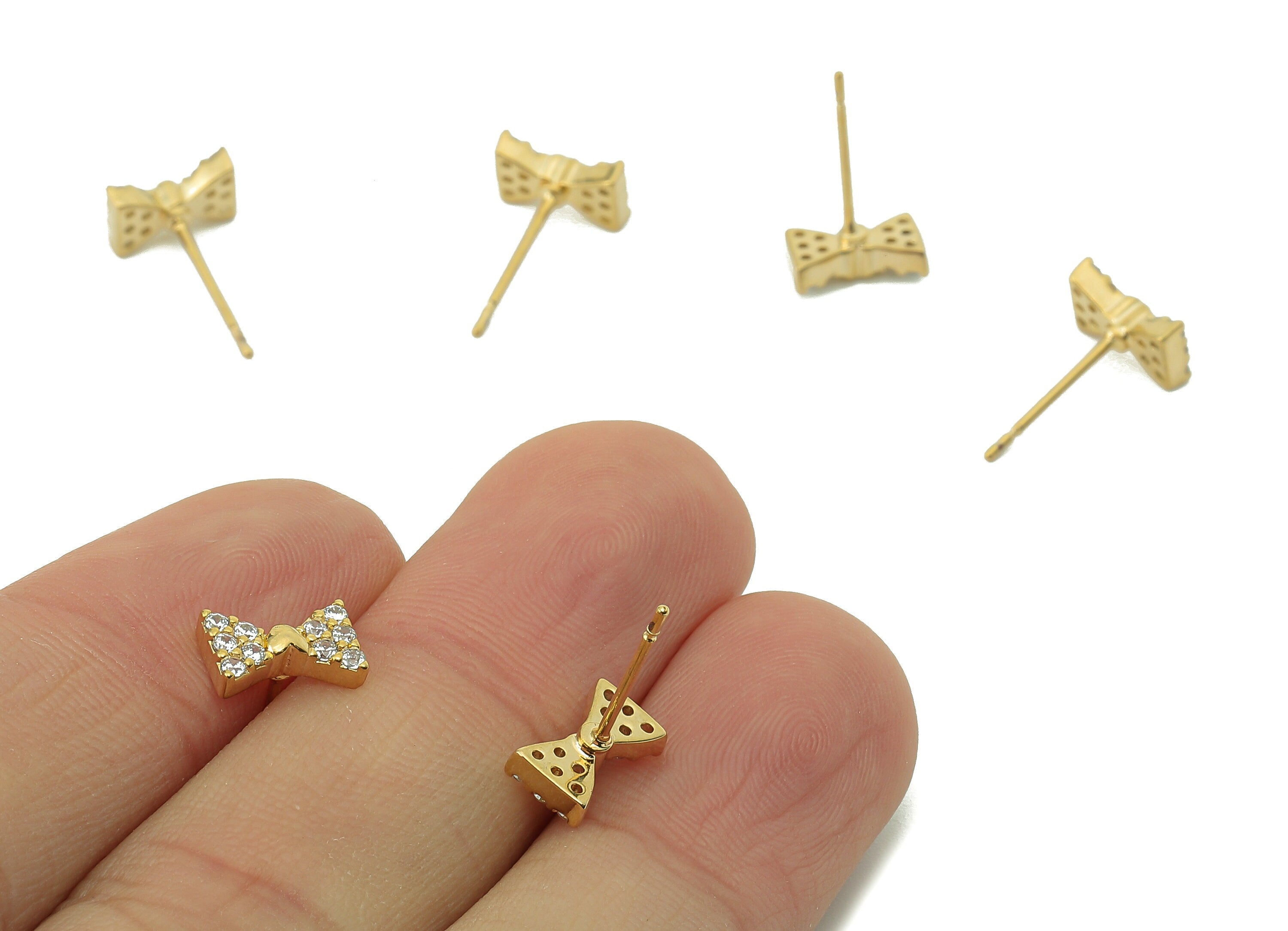 Brass Butterfly Bow Earring Post-Brass Mini Heart Cubic Zirconia Dickey Stud - Bowtie CZ Stud-18K Real Gold Plating-8.86x5.57x2.26mm-RGP5837 - DOMEDBAZAAR