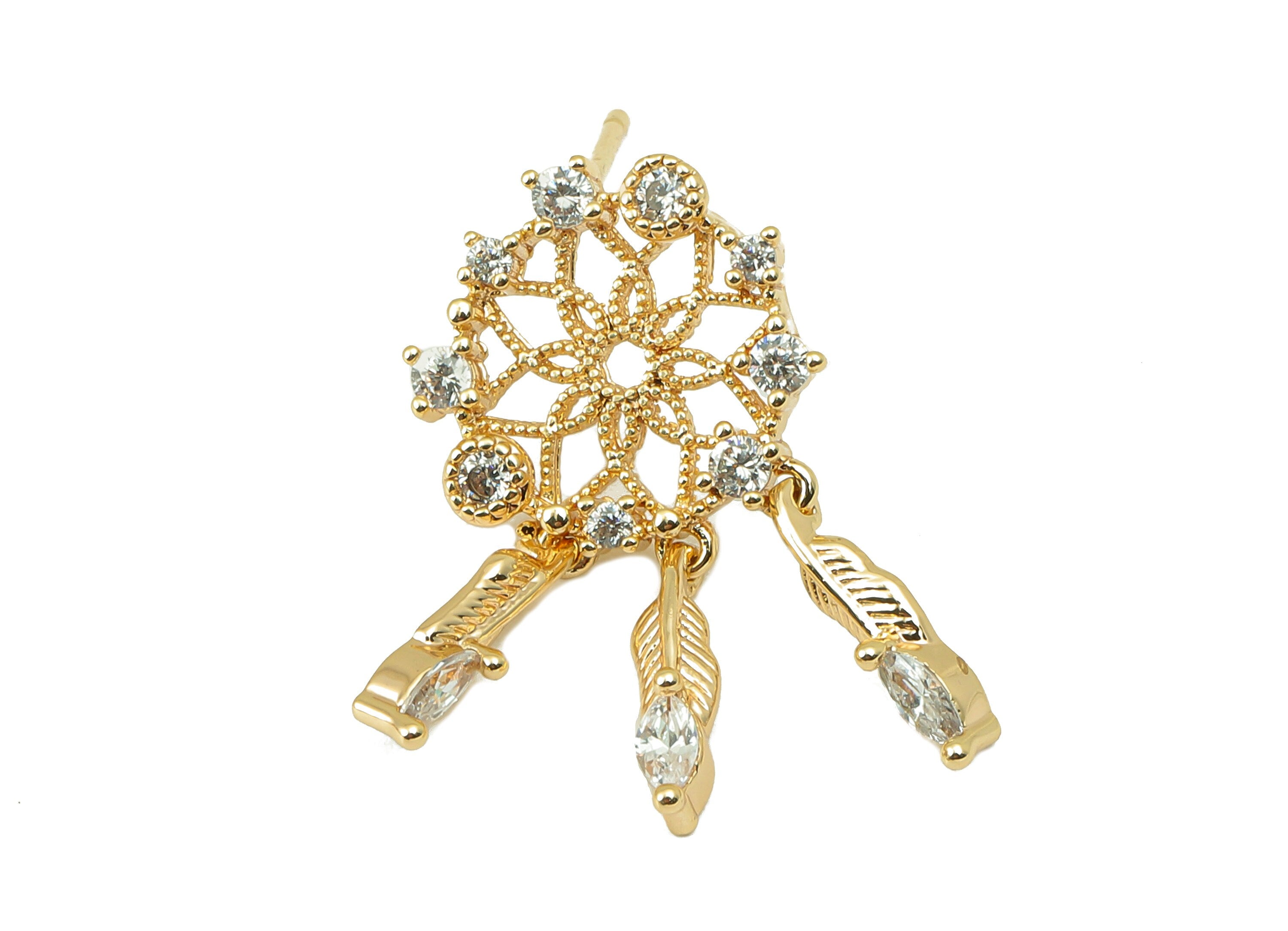Brass Round Flower Earring Post -Brass Hanging Feather with Feathers Stud - CZ Stud Earring -18K Real Gold Plating-10.09x9.74x4.12mm-RGP5839 - DOMEDBAZAAR