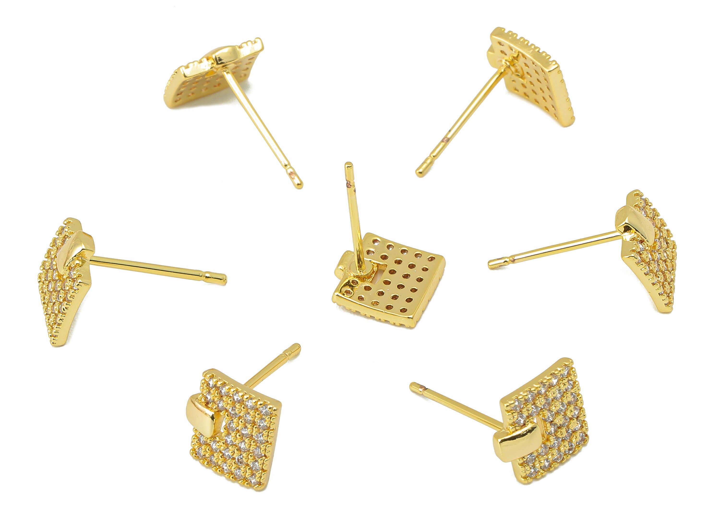 Brass Square Earring Post -Brass Geometry Stud - CZ Stud Earring - 18K Real Gold Plating -8.21x 7.82x 1.4mm-RGP5840 - DOMEDBAZAAR
