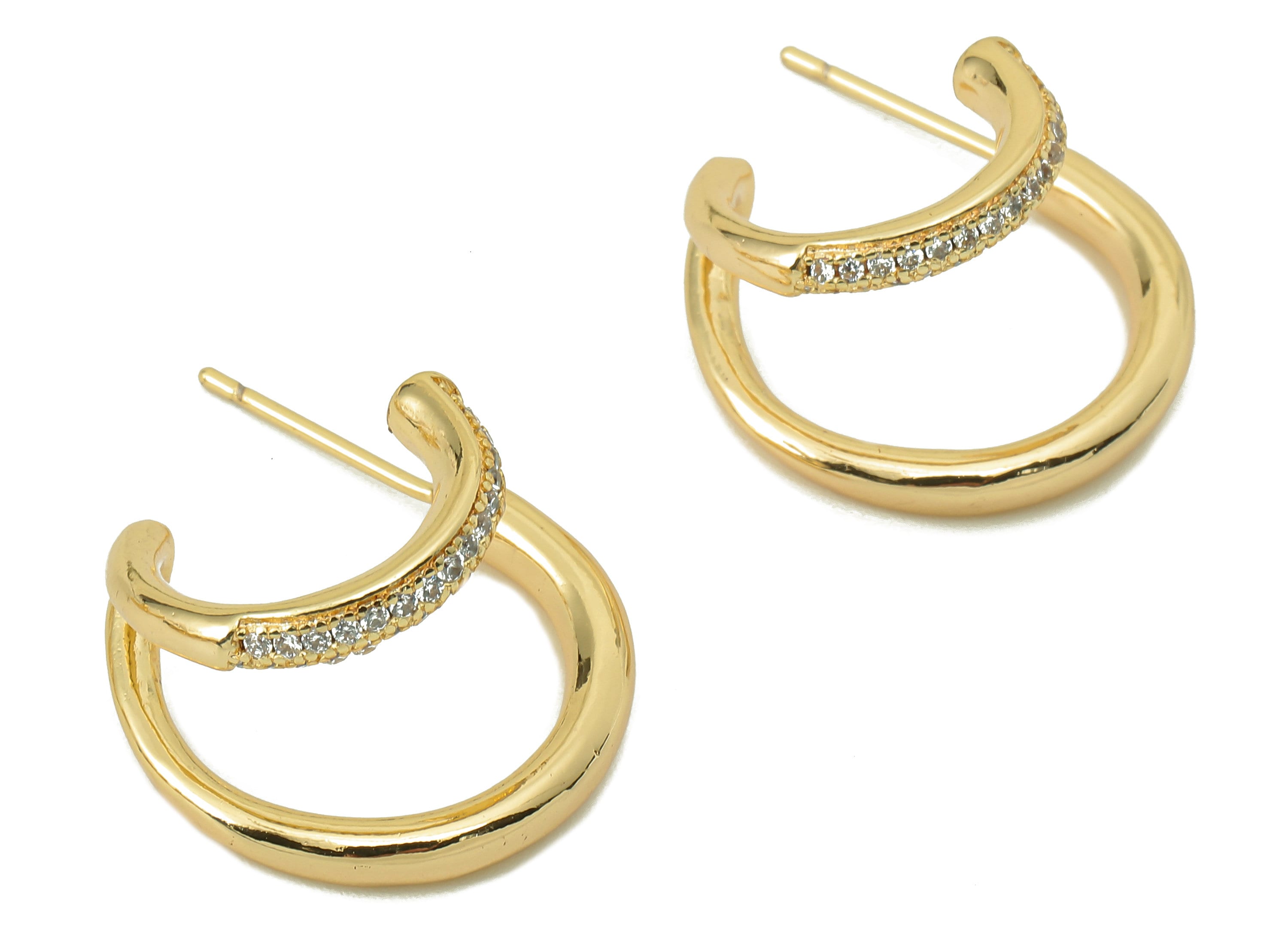 Brass C Hoop Earring Post -Brass Open Round C With Zircon Stud - CZ Stud Earring - 18K Real Gold Plating -25.53x 19.83x 2.38mm-RGP5842 - DOMEDBAZAAR