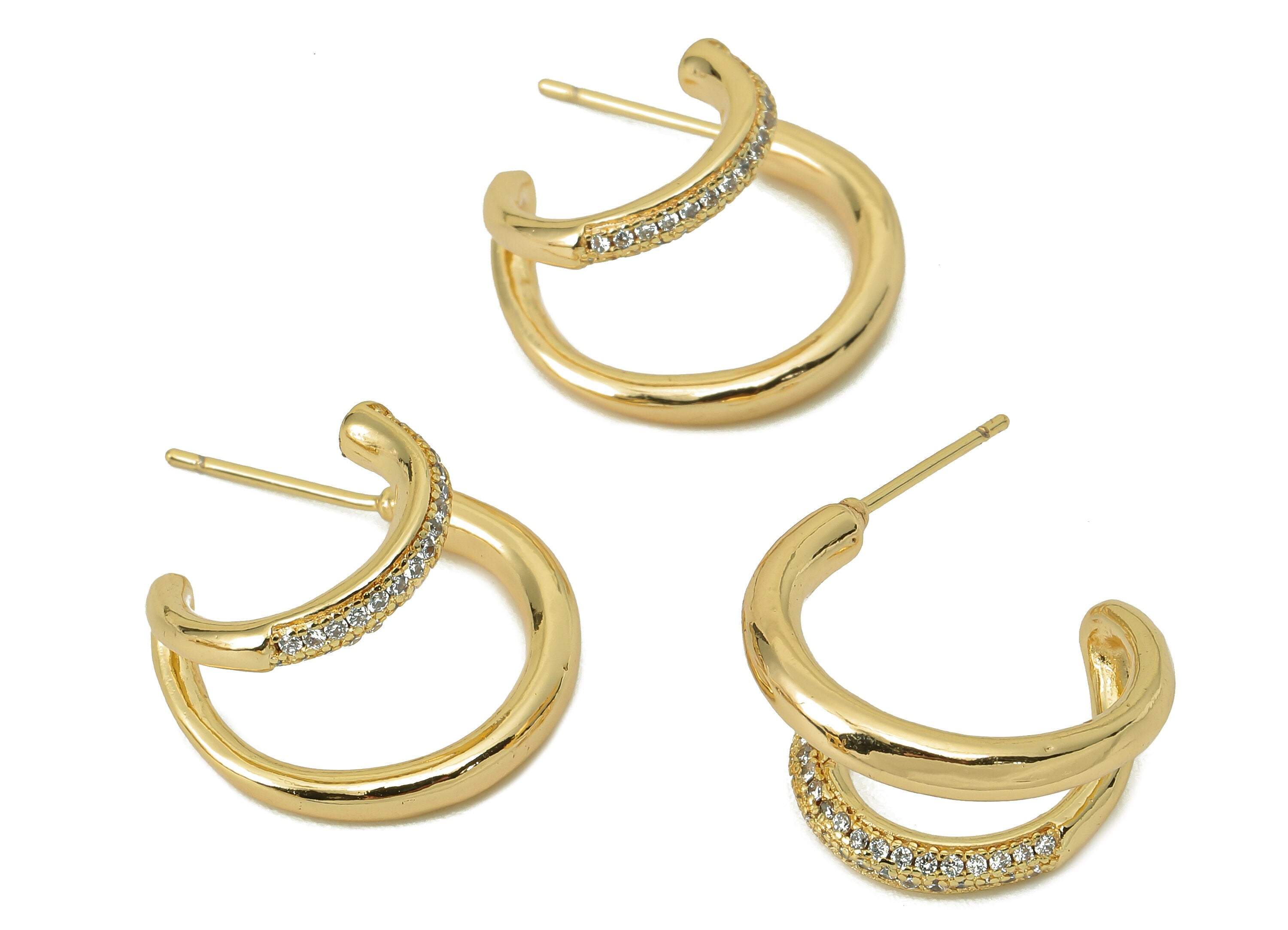 Brass C Hoop Earring Post -Brass Open Round C With Zircon Stud - CZ Stud Earring - 18K Real Gold Plating -25.53x 19.83x 2.38mm-RGP5842 - DOMEDBAZAAR