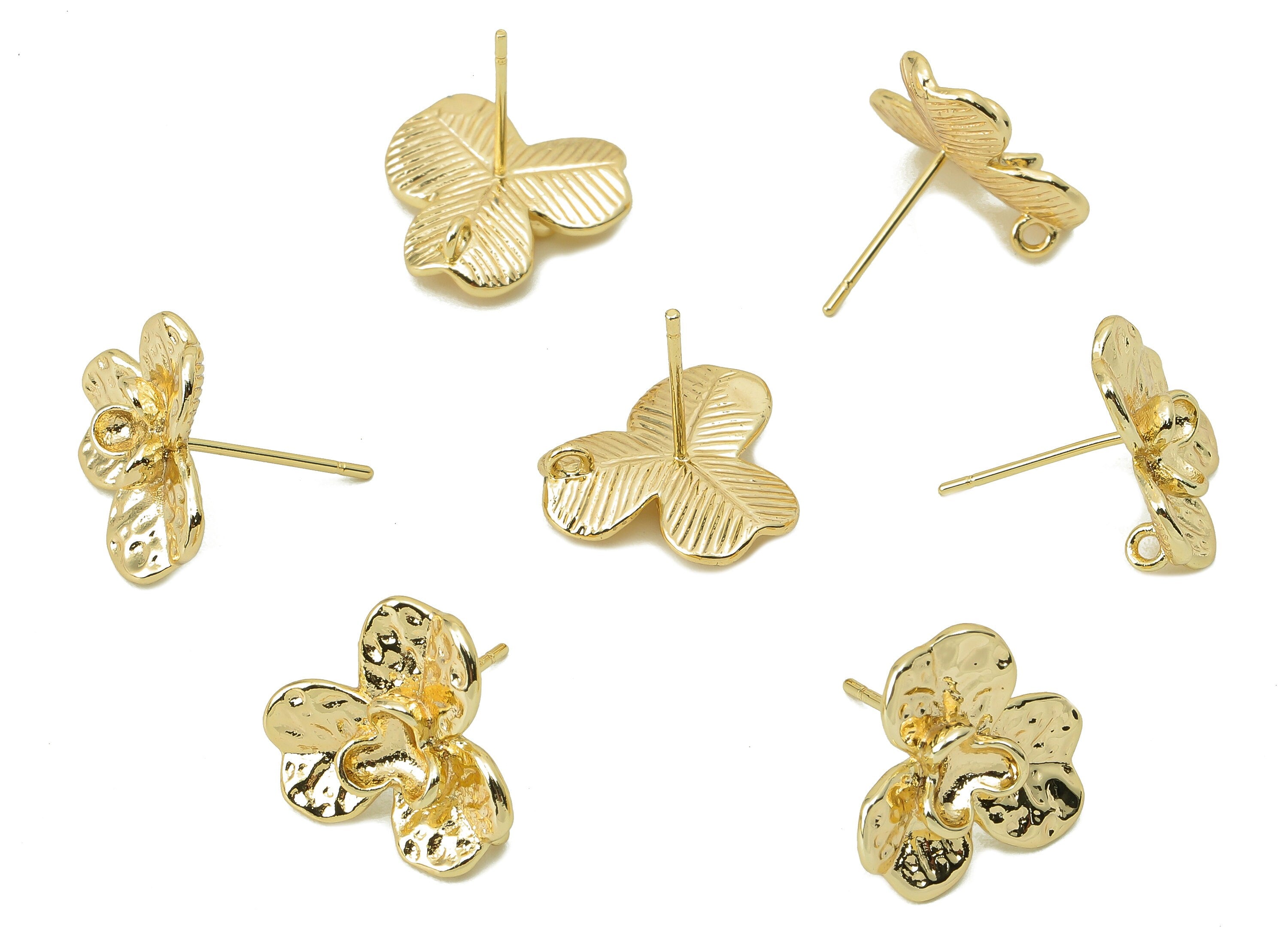 Brass Flower Earring Post -Brass Hammered Stud - Flower Stud Earring - 18K Real Gold Plating -14.94x 13.85x 1.78mm-RGP5849 - DOMEDBAZAAR