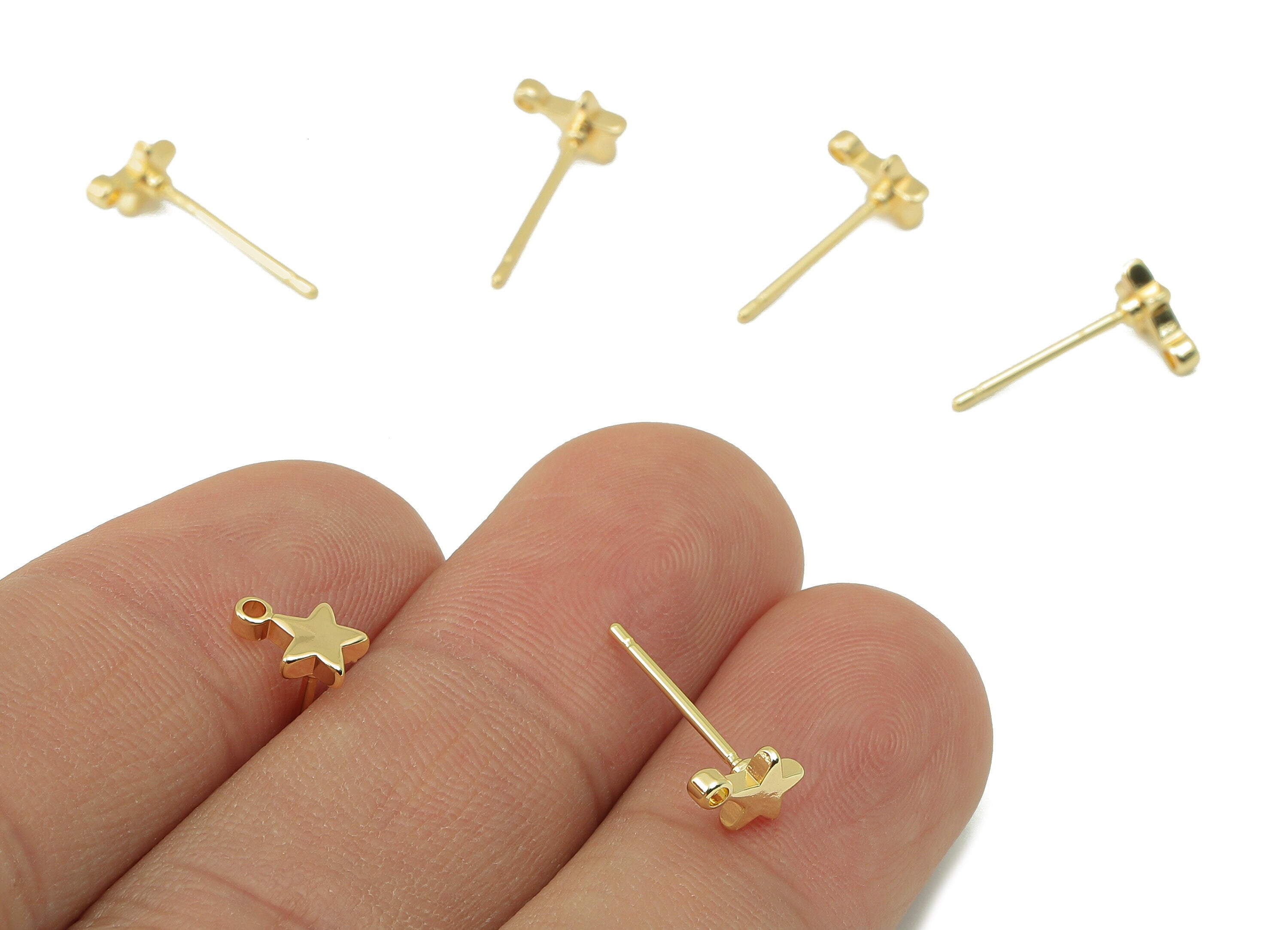 Brass Star Earring Post -Brass Star Stud Earring - Mini Star Earrings Stud With Loop - 18K Real Gold Plating -7.36x 5.32x 1.65mm-RGP5852 - DOMEDBAZAAR