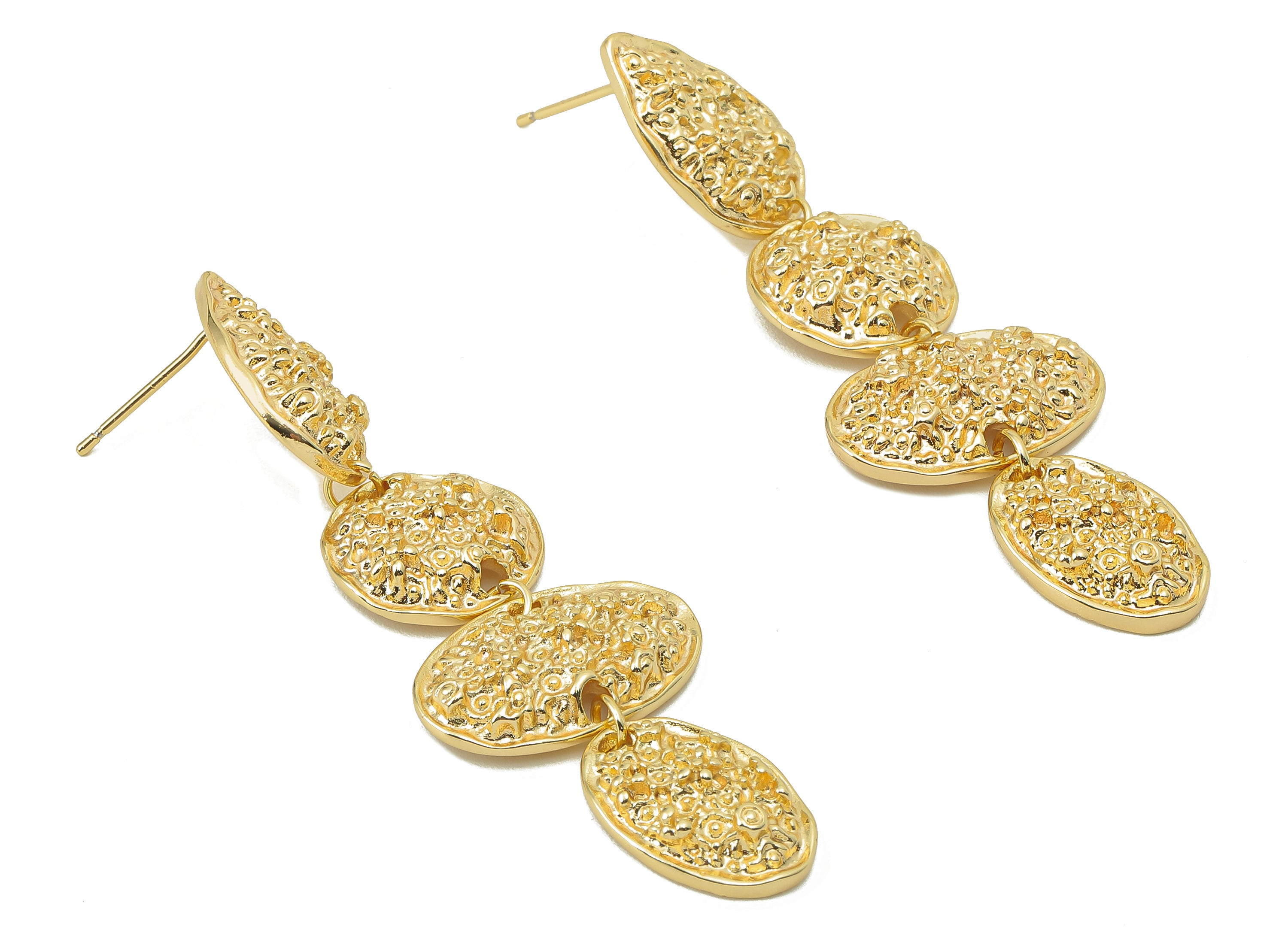 Brass Drop Earring Post -Brass Textured Irregular Stud - Hanging Mini Flower Earring Stud - 18K Real Gold Plating -63.6x 19.55x2.3mm-RGP5856 - DOMEDBAZAAR