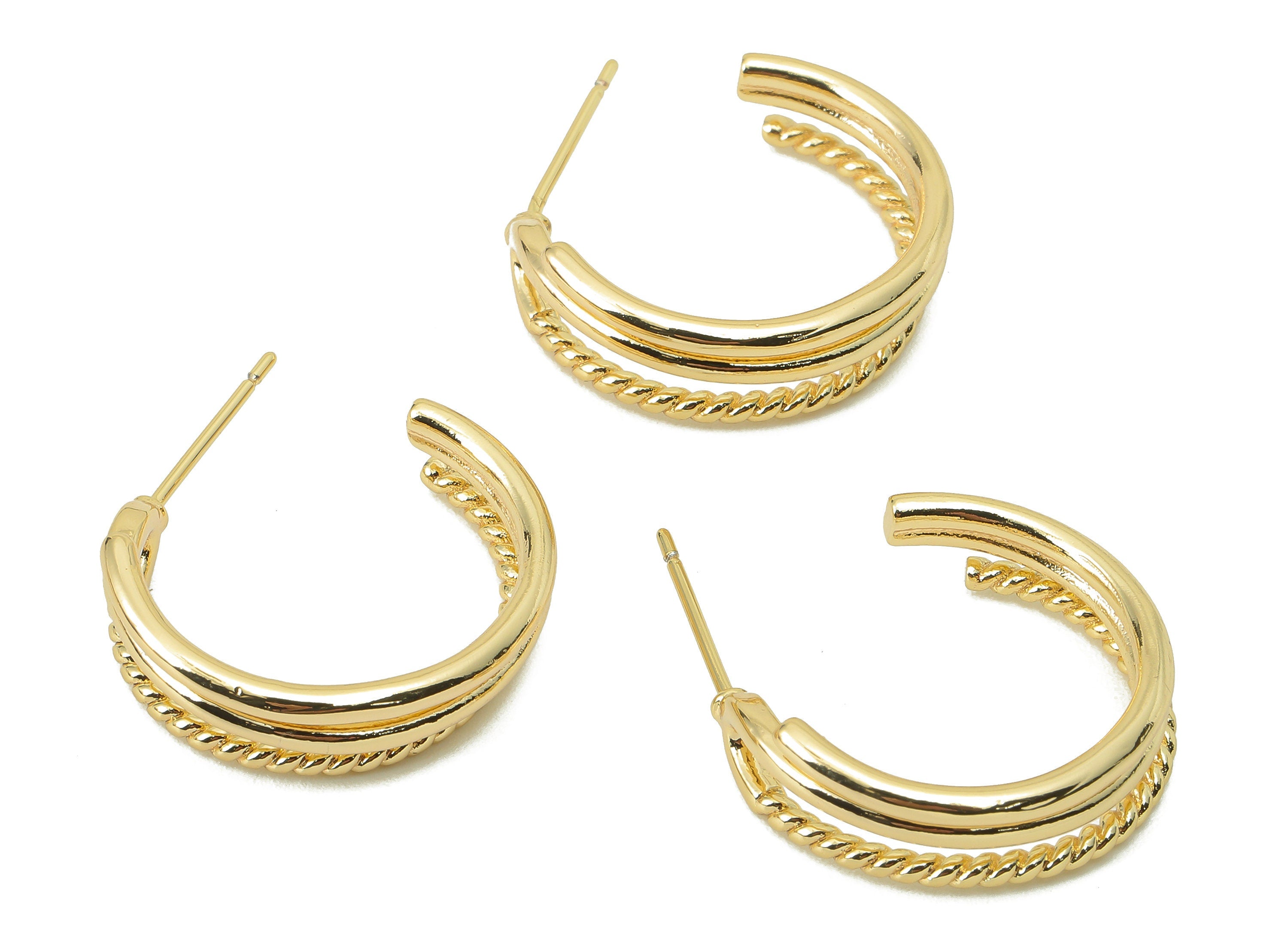 Brass C Hoop Stud Earring - Brass Round Earring Stud and Chain Open Hoop Earring Post - 18K Real Gold Plating -22.7x 21.84x1.88mm-RGP5860 - DOMEDBAZAAR