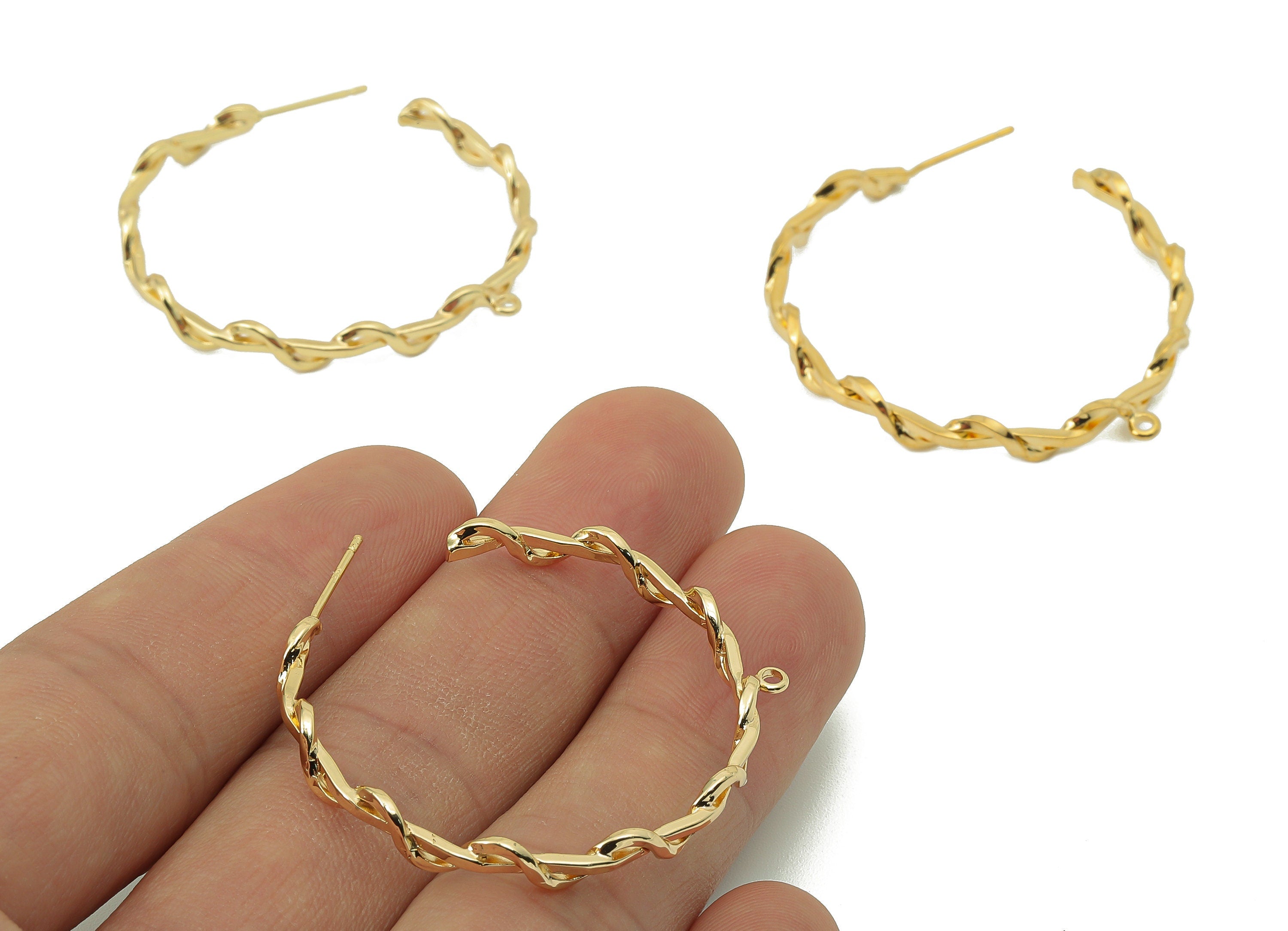 Brass C Hoop Stud Earring - Brass Round Twisted Hoop Earring With Loop - Wavy Earring Post-18K Real Gold Plating -37.83x38.78x1.85mm-RGP5864 - DOMEDBAZAAR