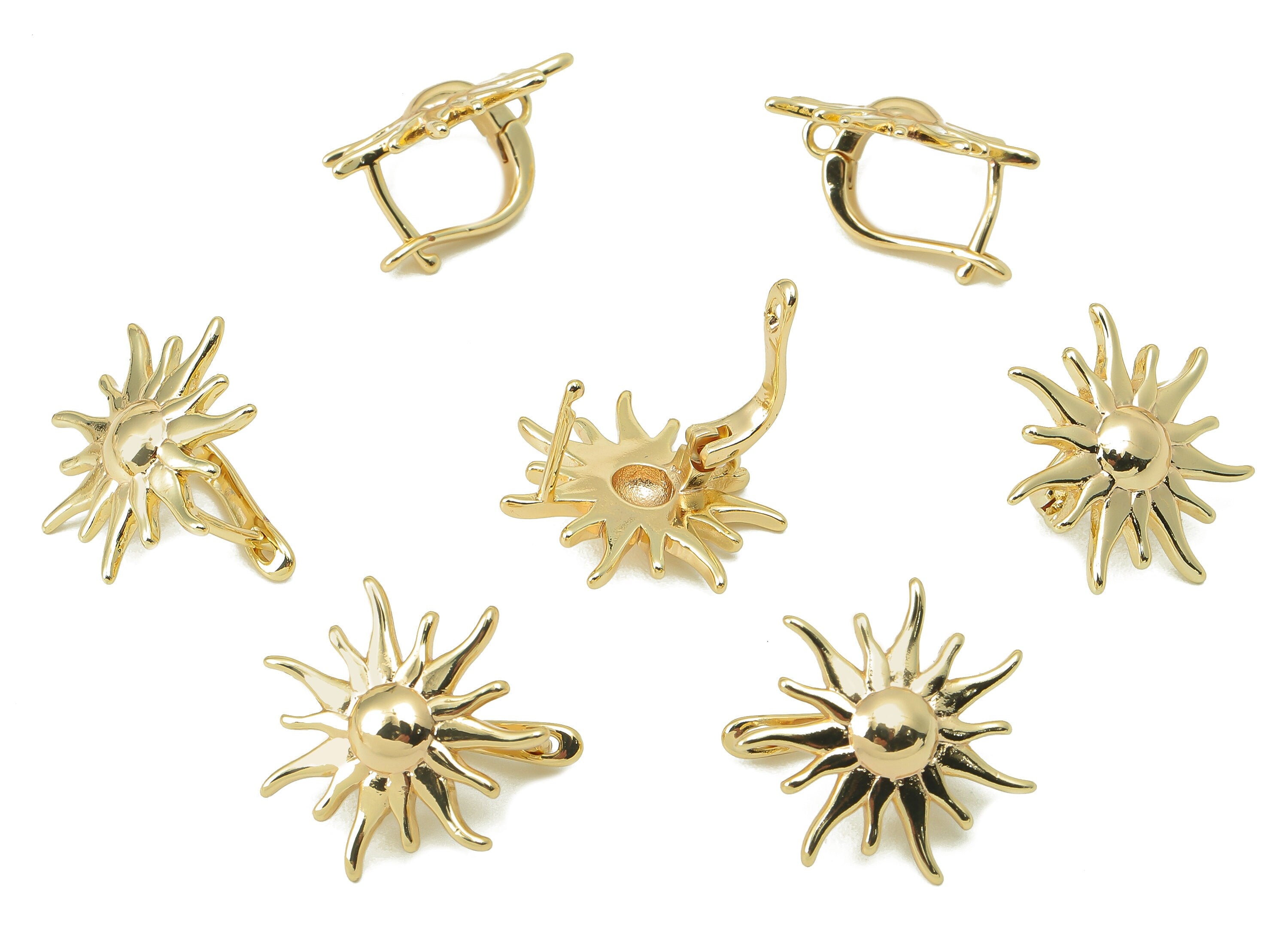 Brass Sun Hole Earring - Brass Clasp Earring With Loop - Gold Sun Shine Hoop Earrings-18K Real Gold Plating-18.33x 9.43x 2.07mm-RGP5872 - DOMEDBAZAAR