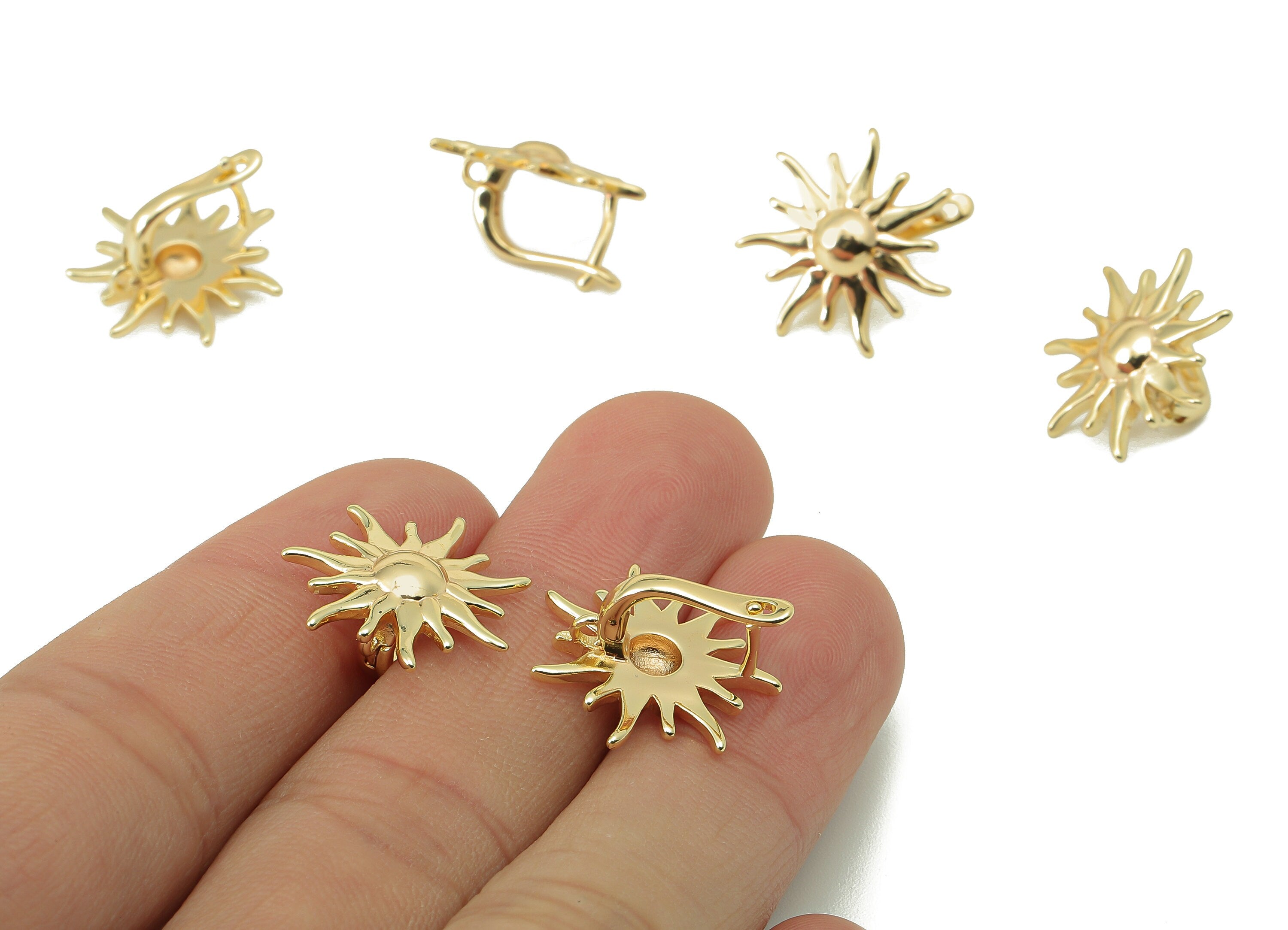 Brass Sun Hole Earring - Brass Clasp Earring With Loop - Gold Sun Shine Hoop Earrings-18K Real Gold Plating-18.33x 9.43x 2.07mm-RGP5872 - DOMEDBAZAAR