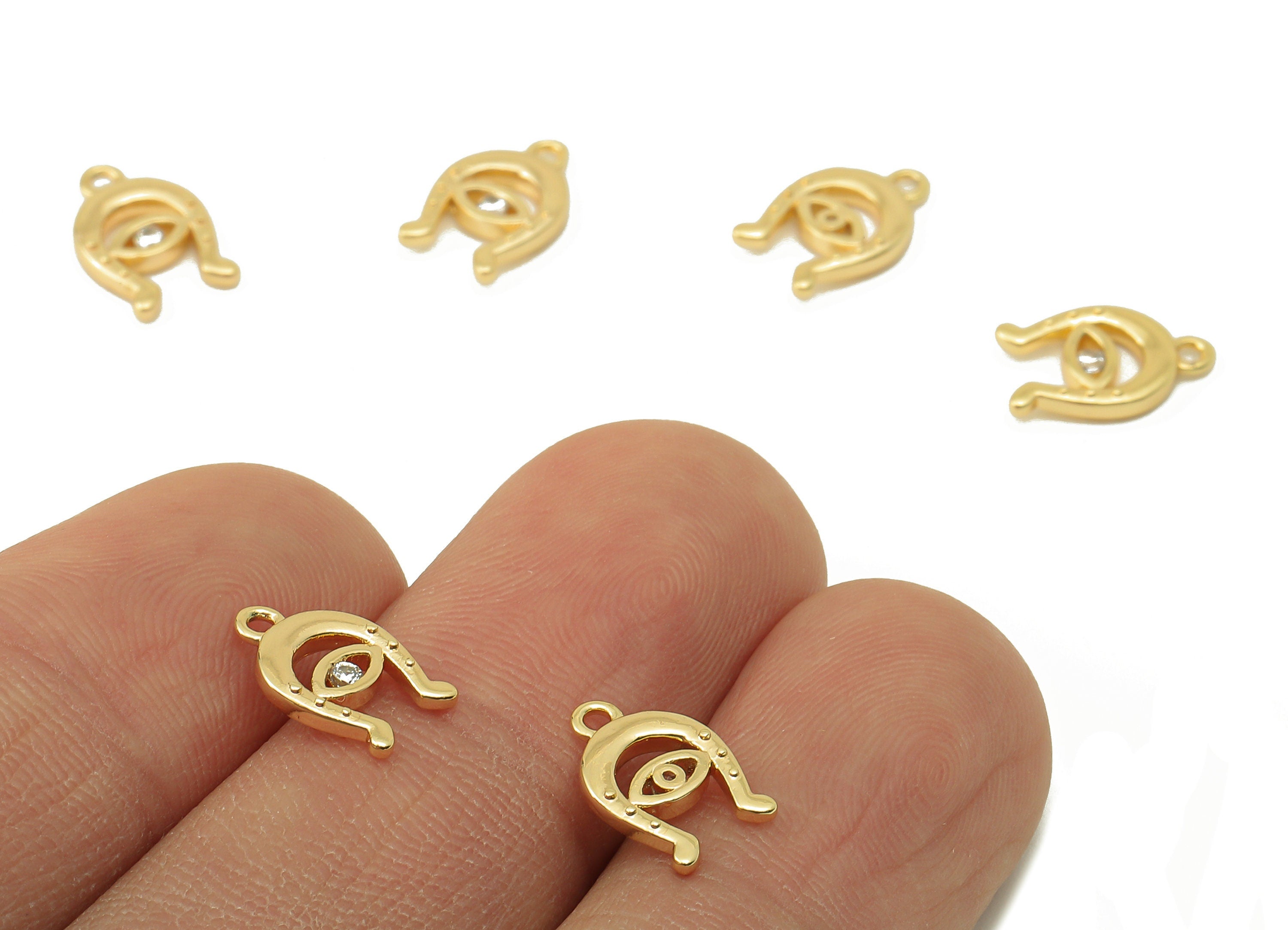 Brass Horsehoe Earring Charm - Brass Horsenail For Pendent With zircon-Eye Charm for Necklace-18K Real Gold Plating-11.11x7.1x1.89mm-RGP5879 - DOMEDBAZAAR