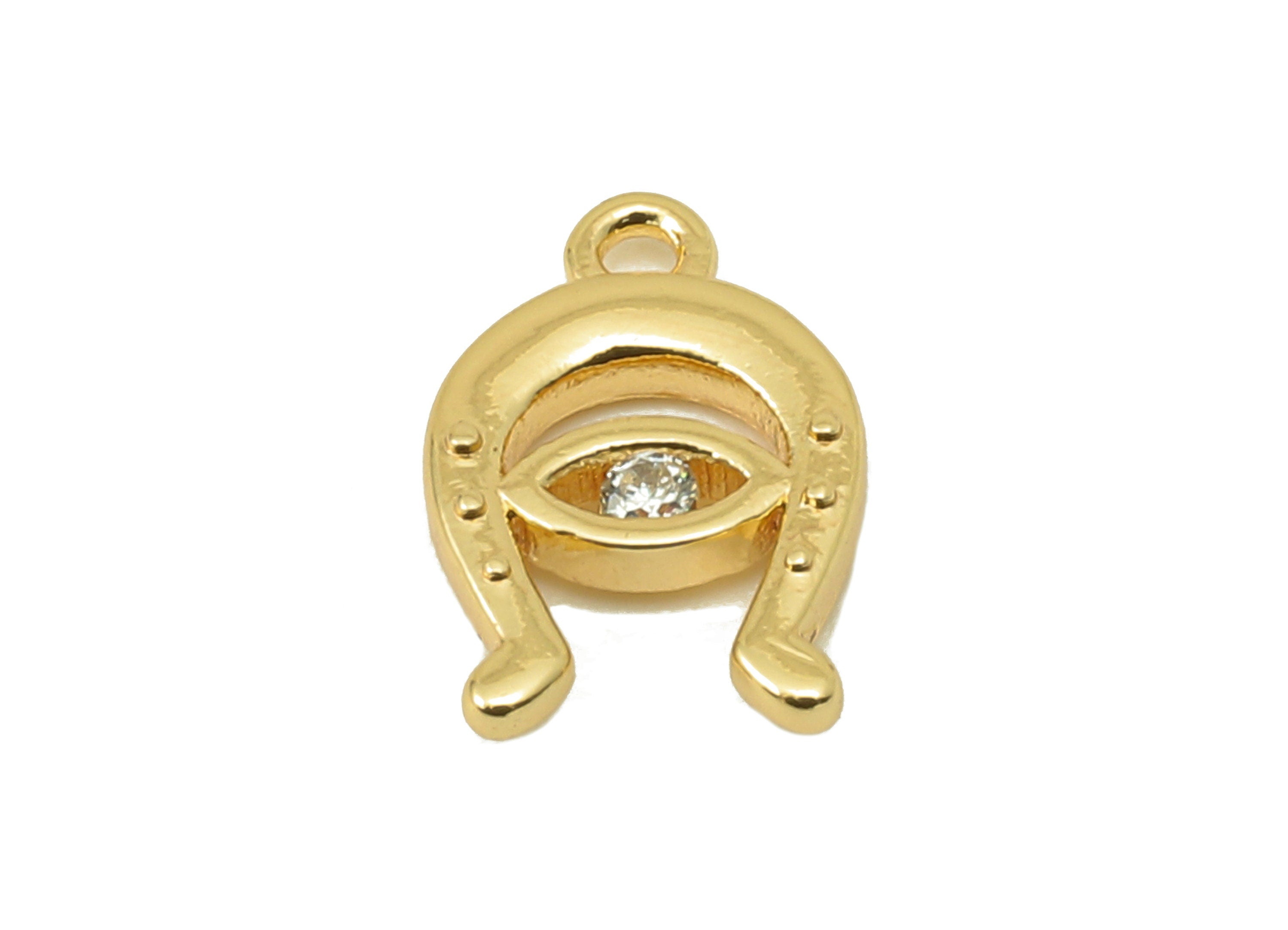 Brass Horsehoe Earring Charm - Brass Horsenail For Pendent With zircon-Eye Charm for Necklace-18K Real Gold Plating-11.11x7.1x1.89mm-RGP5879 - DOMEDBAZAAR