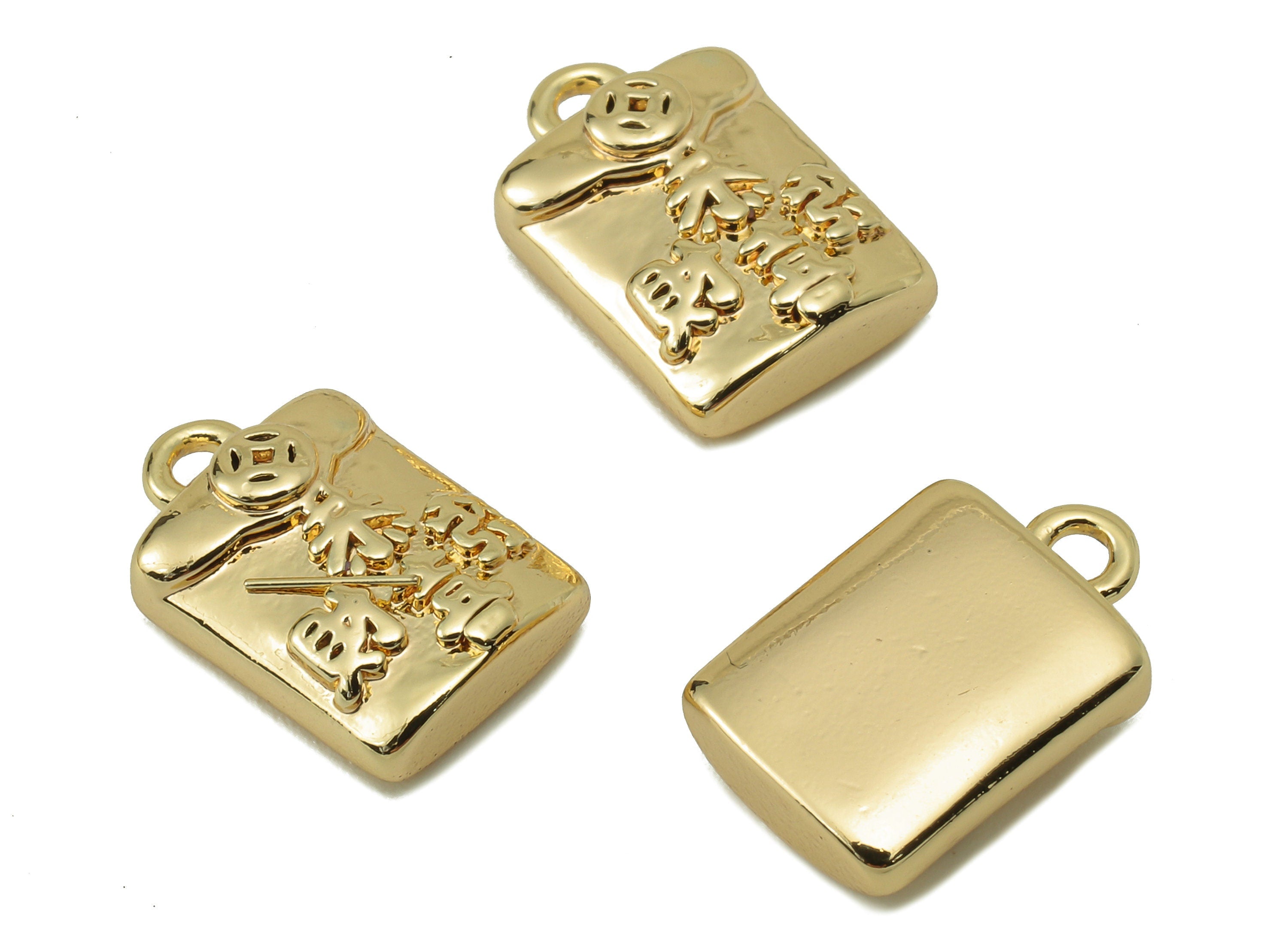Brass Lucky Earring Charms - Brass Gold Word For Pendent - Thick Bag Charm For Necklace -18K Real Gold Plating-13.53x 8.97x 4.52mm-RGP5882 - DOMEDBAZAAR