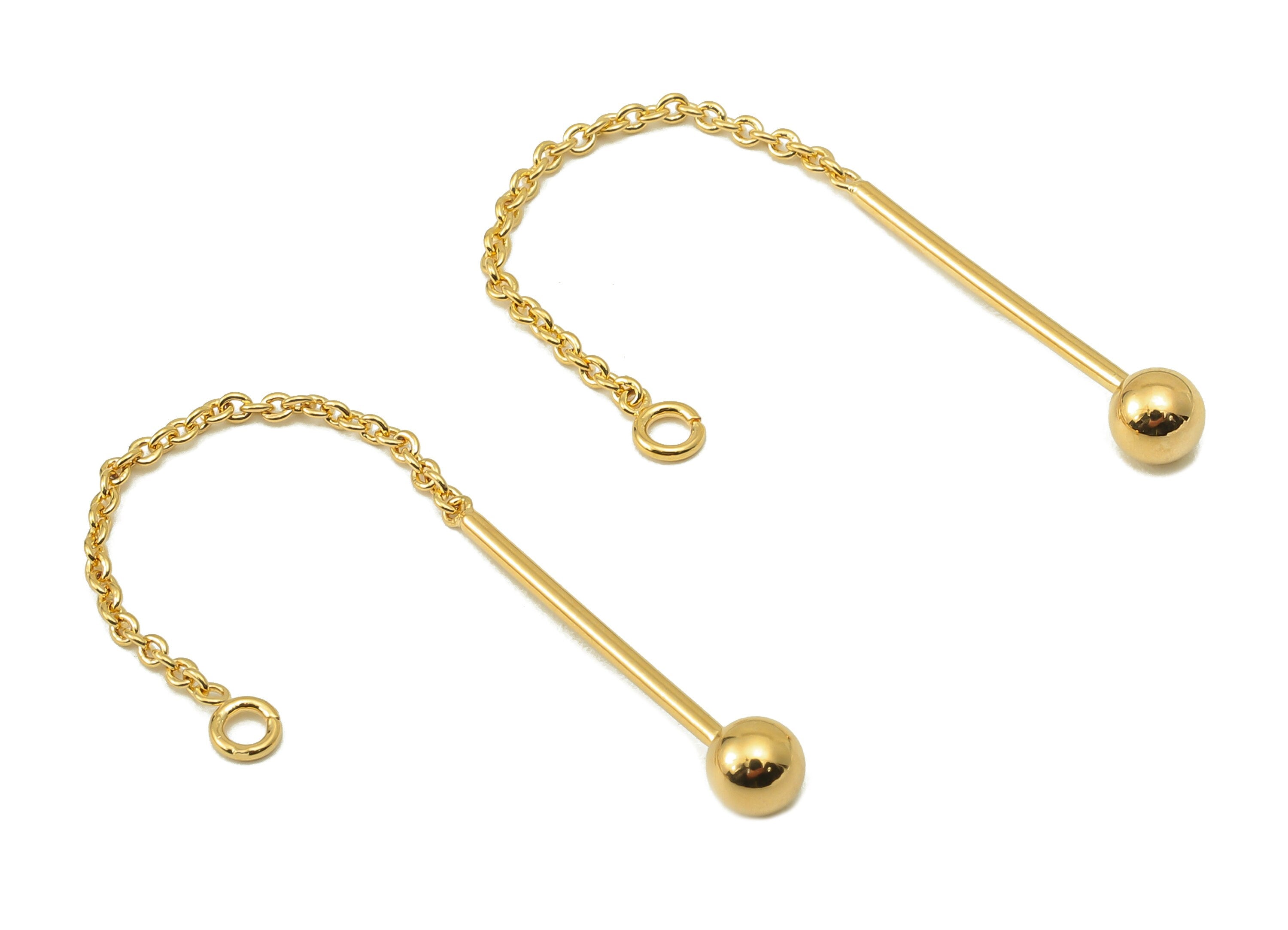 Brass Hanging Earring Chain - Brass Threader Chain Earring -Brass Gold Ball With Loop - 18K Real Gold Plating-58x4x1mm-RGP5884 - DOMEDBAZAAR