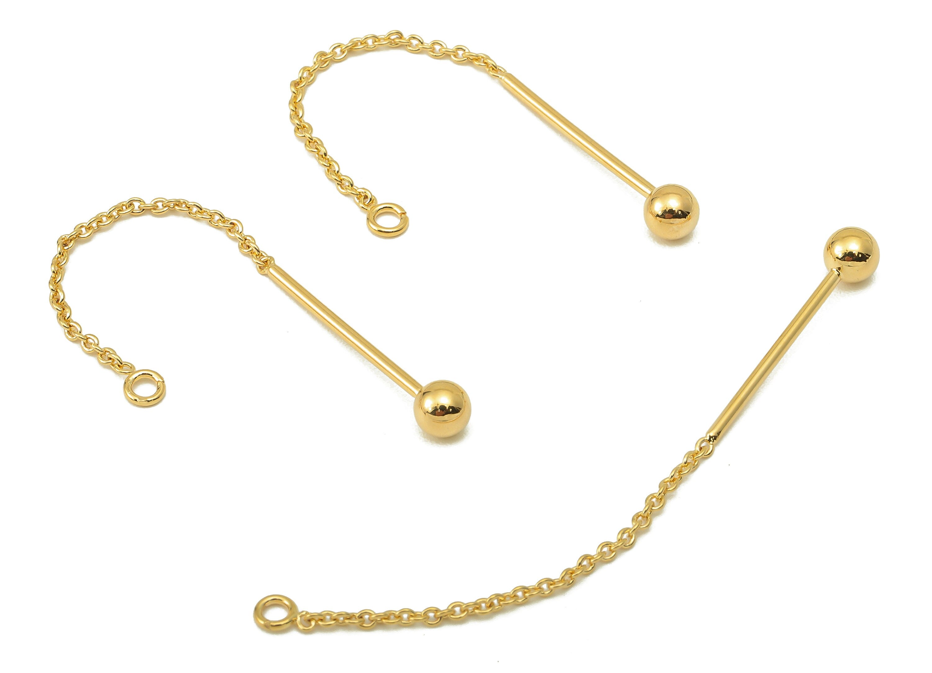 Brass Hanging Earring Chain - Brass Threader Chain Earring -Brass Gold Ball With Loop - 18K Real Gold Plating-58x4x1mm-RGP5884 - DOMEDBAZAAR