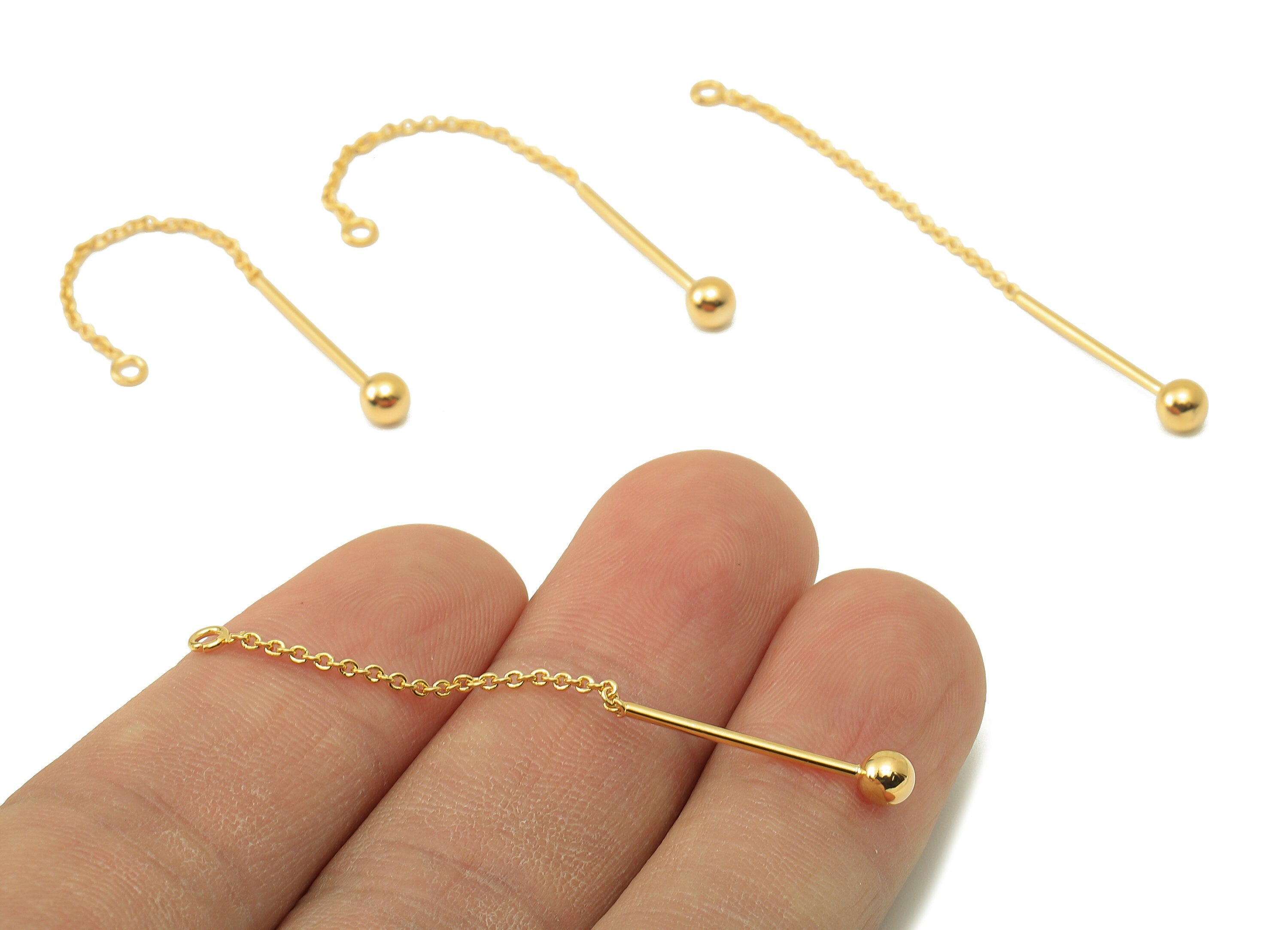 Brass Hanging Earring Chain - Brass Threader Chain Earring -Brass Gold Ball With Loop - 18K Real Gold Plating-58x4x1mm-RGP5884 - DOMEDBAZAAR