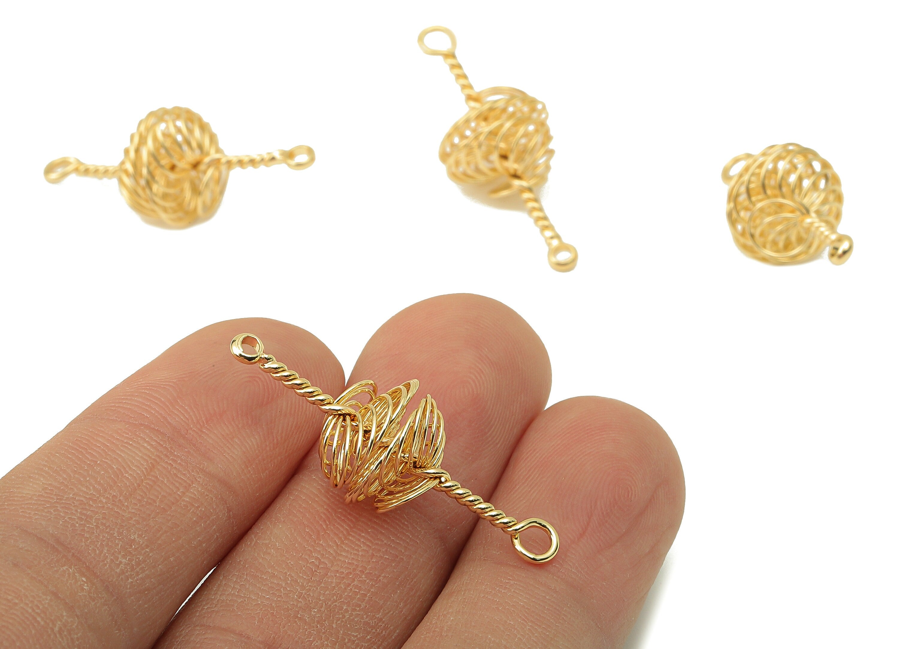 Brass Winding Earring Connector - Brass Wires Spiral Connector - Ball Earring With Loop - 18K Real Gold Plating - 31.84x11.93x1.54mm-RGP5886 - DOMEDBAZAAR