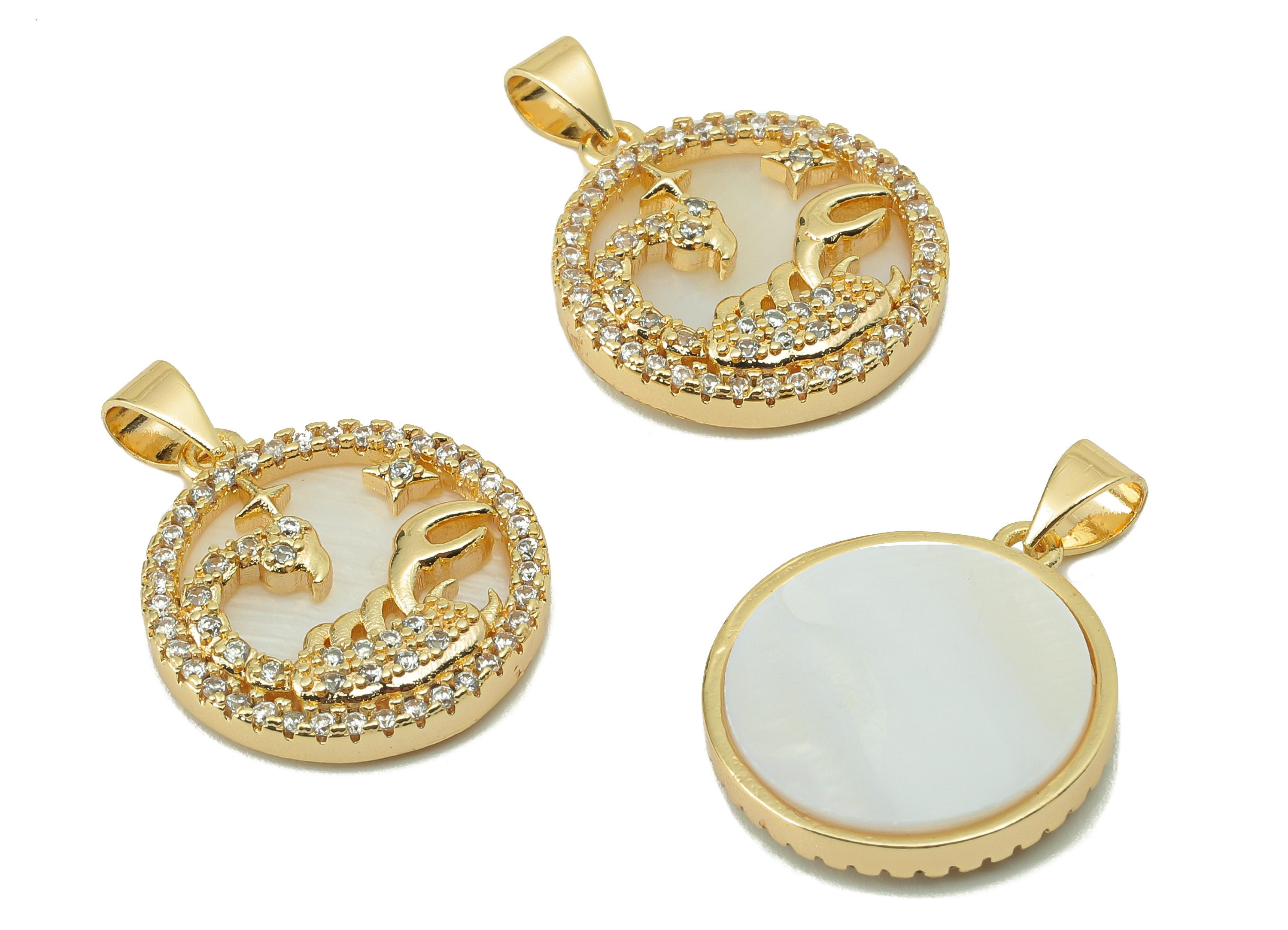 Brass Horoscope Zircon Round Scorpio Charm - White Shell Zodiac Pendant With Loop -18K Real Gold Plating-25.64x 18.49x 2.89mm-RGP5887B - DOMEDBAZAAR