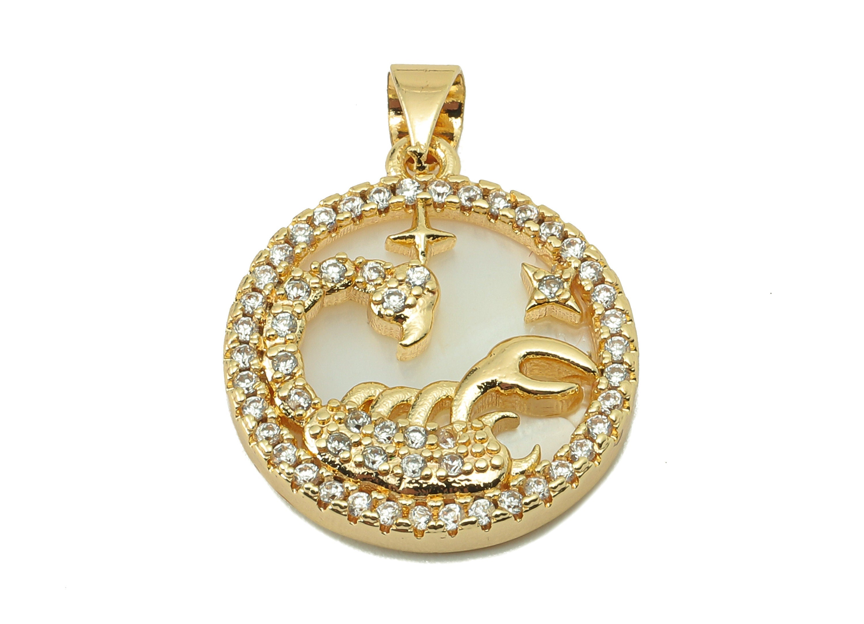 Brass Horoscope Zircon Round Scorpio Charm - White Shell Zodiac Pendant With Loop -18K Real Gold Plating-25.64x 18.49x 2.89mm-RGP5887B - DOMEDBAZAAR