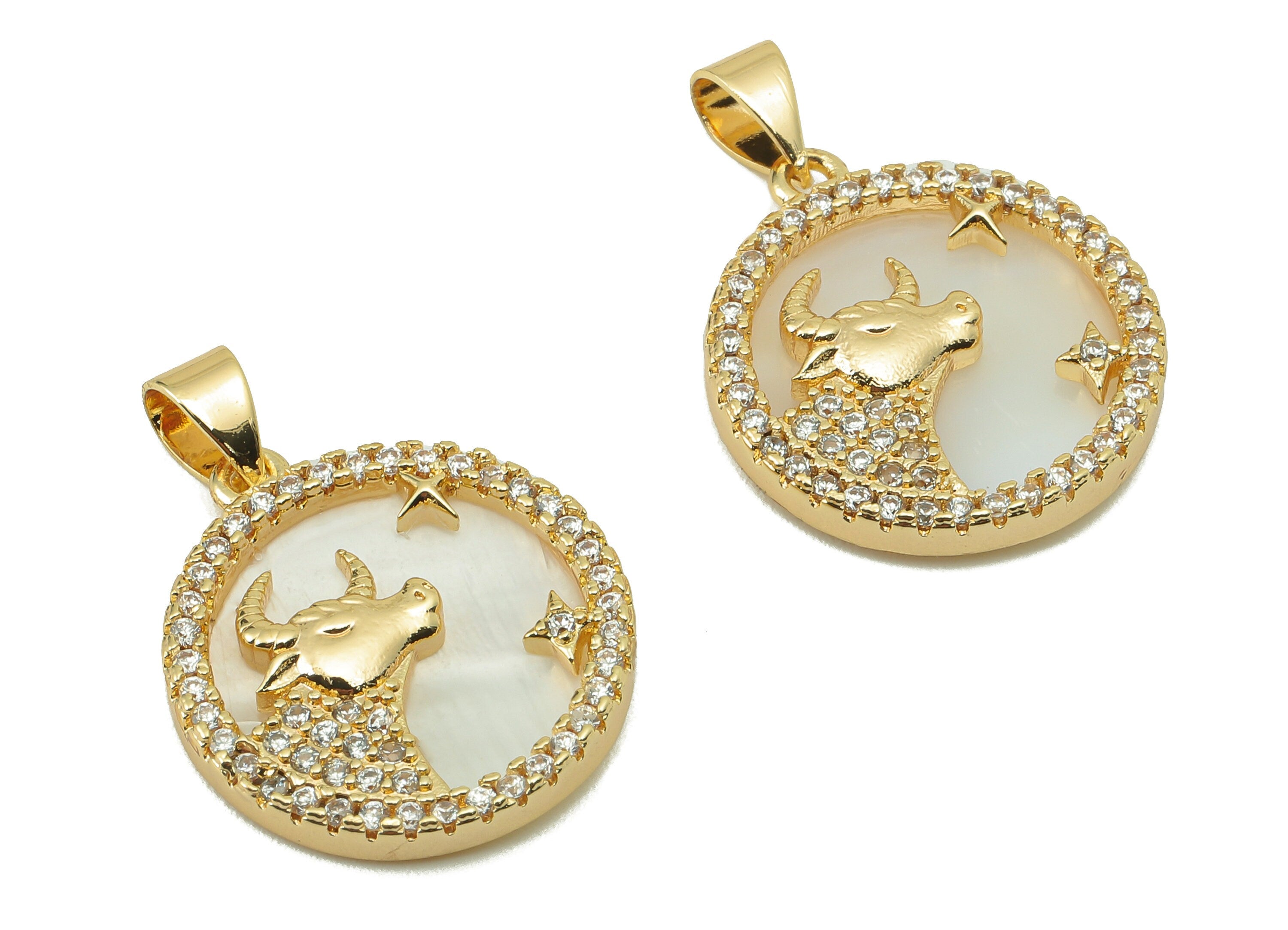 Brass Horoscope Zircon Round Taurus Charm - White Shell Zodiac Pendant With Loop -18K Real Gold Plating-25.64x 18.49x 2.89mm-RGP5887C - DOMEDBAZAAR