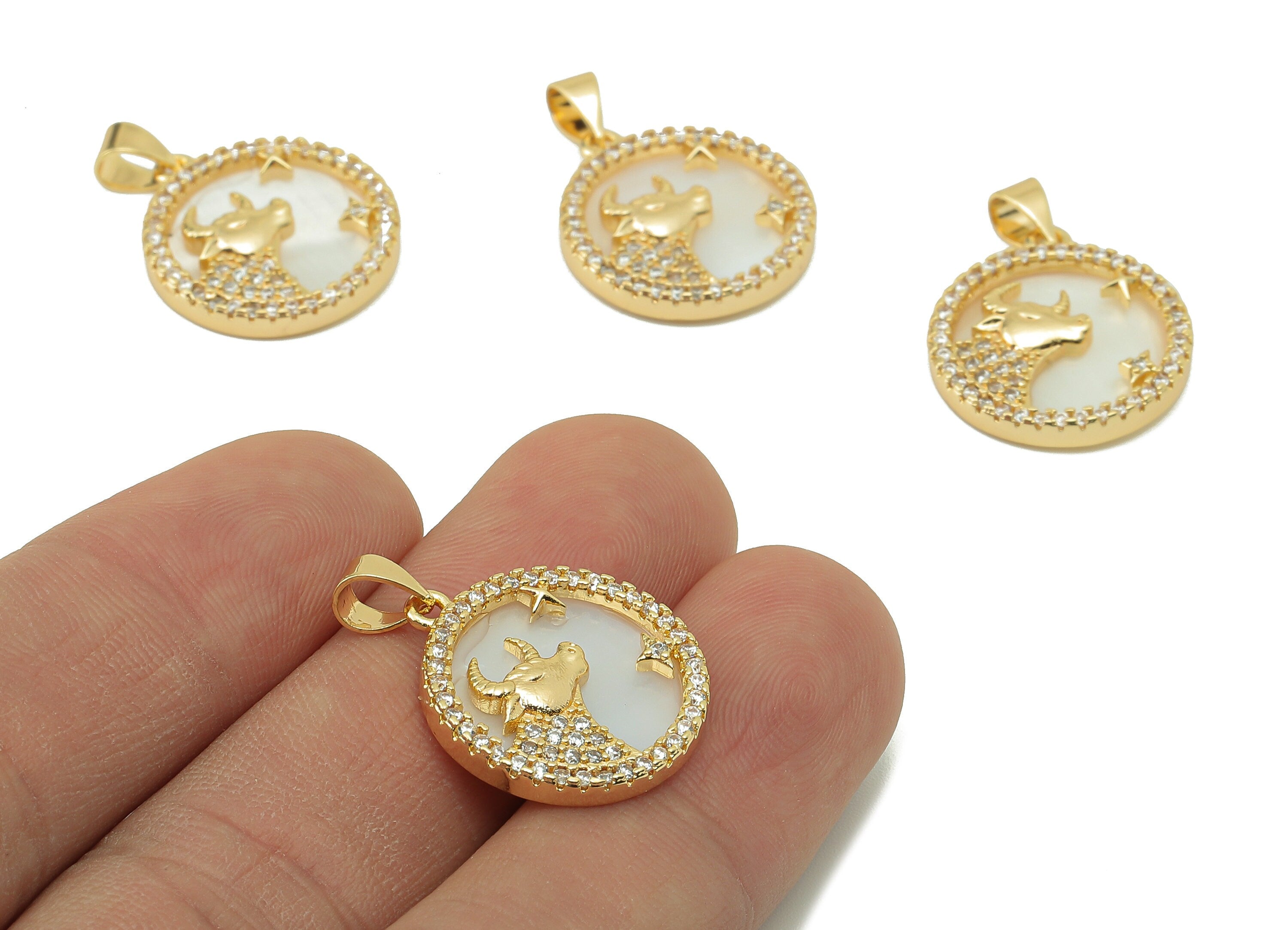 Brass Horoscope Zircon Round Taurus Charm - White Shell Zodiac Pendant With Loop -18K Real Gold Plating-25.64x 18.49x 2.89mm-RGP5887C - DOMEDBAZAAR