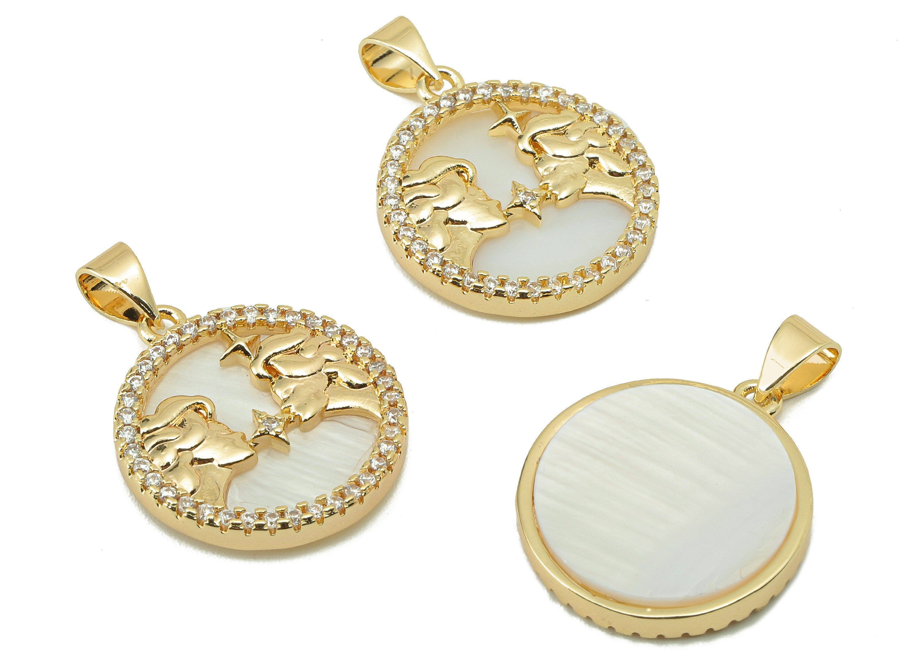Brass Horoscope Zircon Round Gemini Charm - Shell Zodiac Pendant -CZ Gold Gemini Pendant -18K Real Gold Plating-25.64x 18.49x2.89mm-RGP5887D - DOMEDBAZAAR