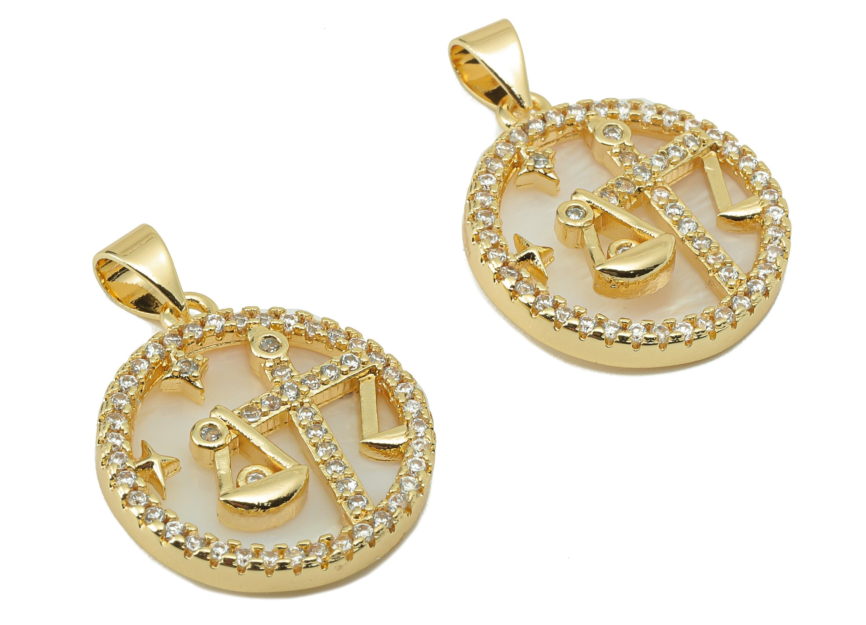 Brass Horoscope Zircon Round Libra Charm - Shell Zodiac Pendant -CZ Gold libra Charm -18K Real Gold Plating-25.64x 18.49x 2.89mm-RGP5887E - DOMEDBAZAAR