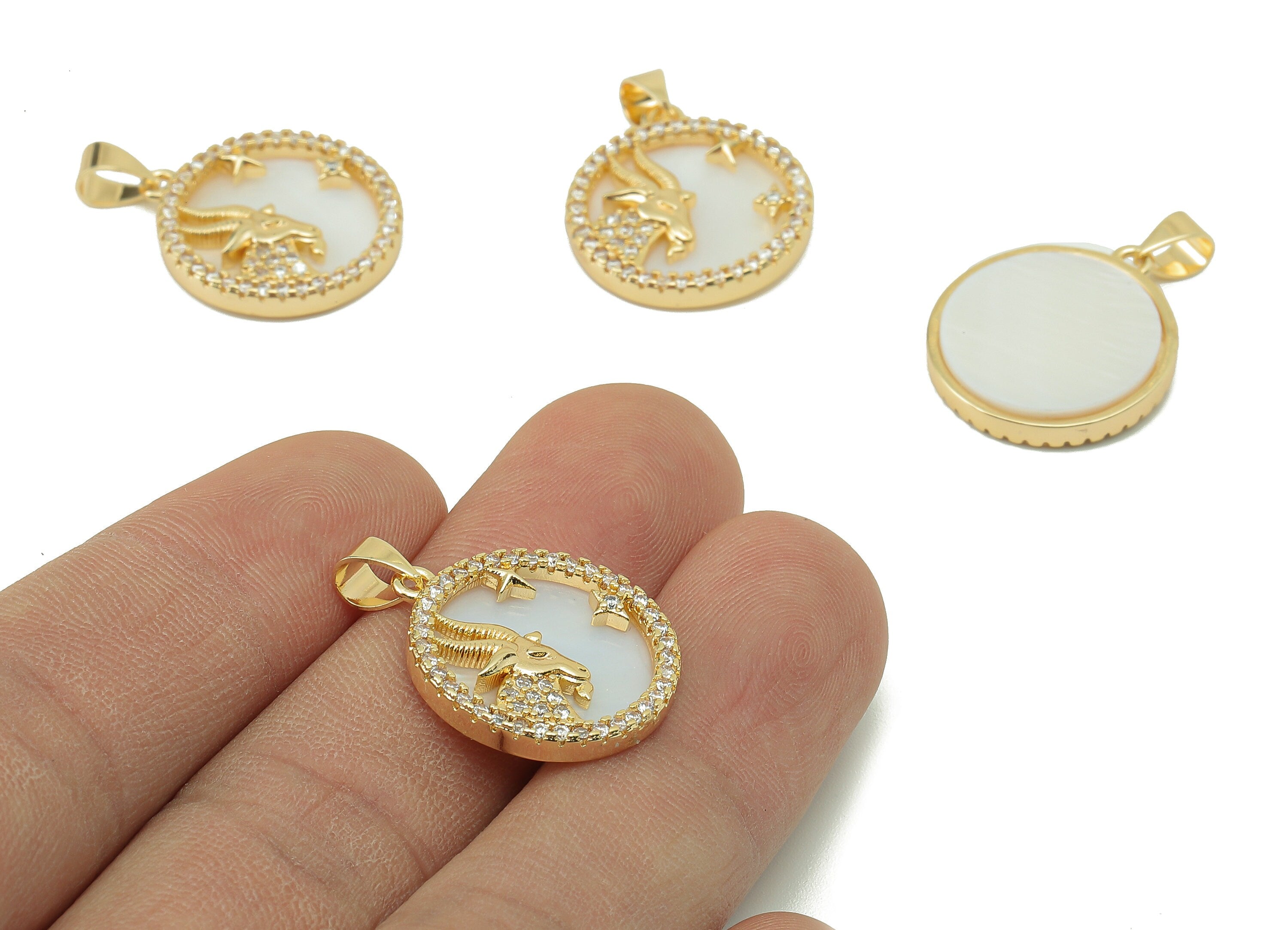 Brass Horoscope Zircon Capricorn Charm - Shell Zodiac Pendant - CZ Gold Capricorn Pendant -18K Real Gold Plating-25.64x18.49x2.89mm-RGP5887G - DOMEDBAZAAR