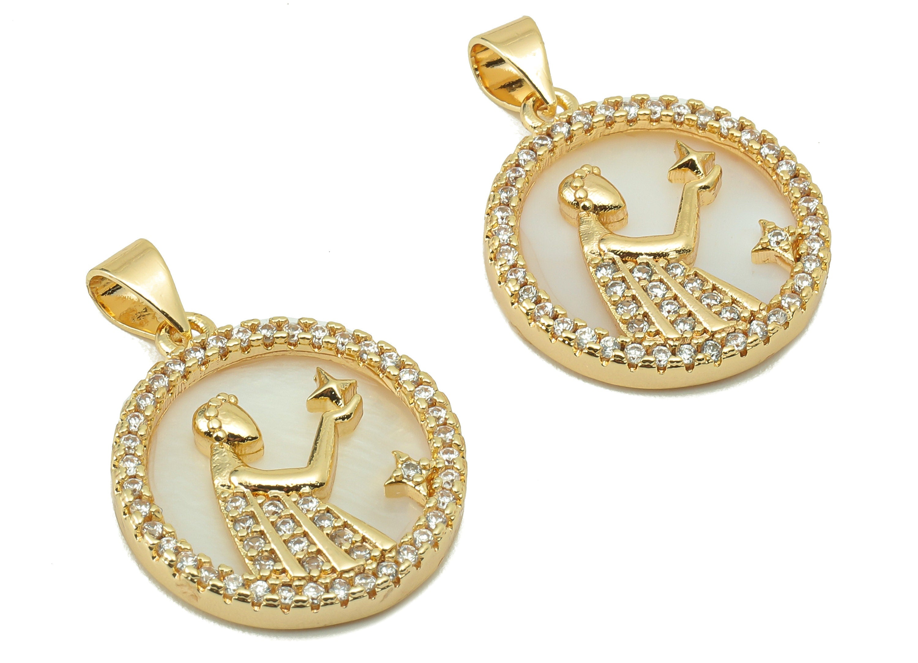 Brass Horoscope Zircon Round Virgo Charm - White Shell Zodiac Pendant-CZ Shell Virgo Charm-18K Real Gold Plating-25.64x18.49x2.89mm-RGP5887H - DOMEDBAZAAR