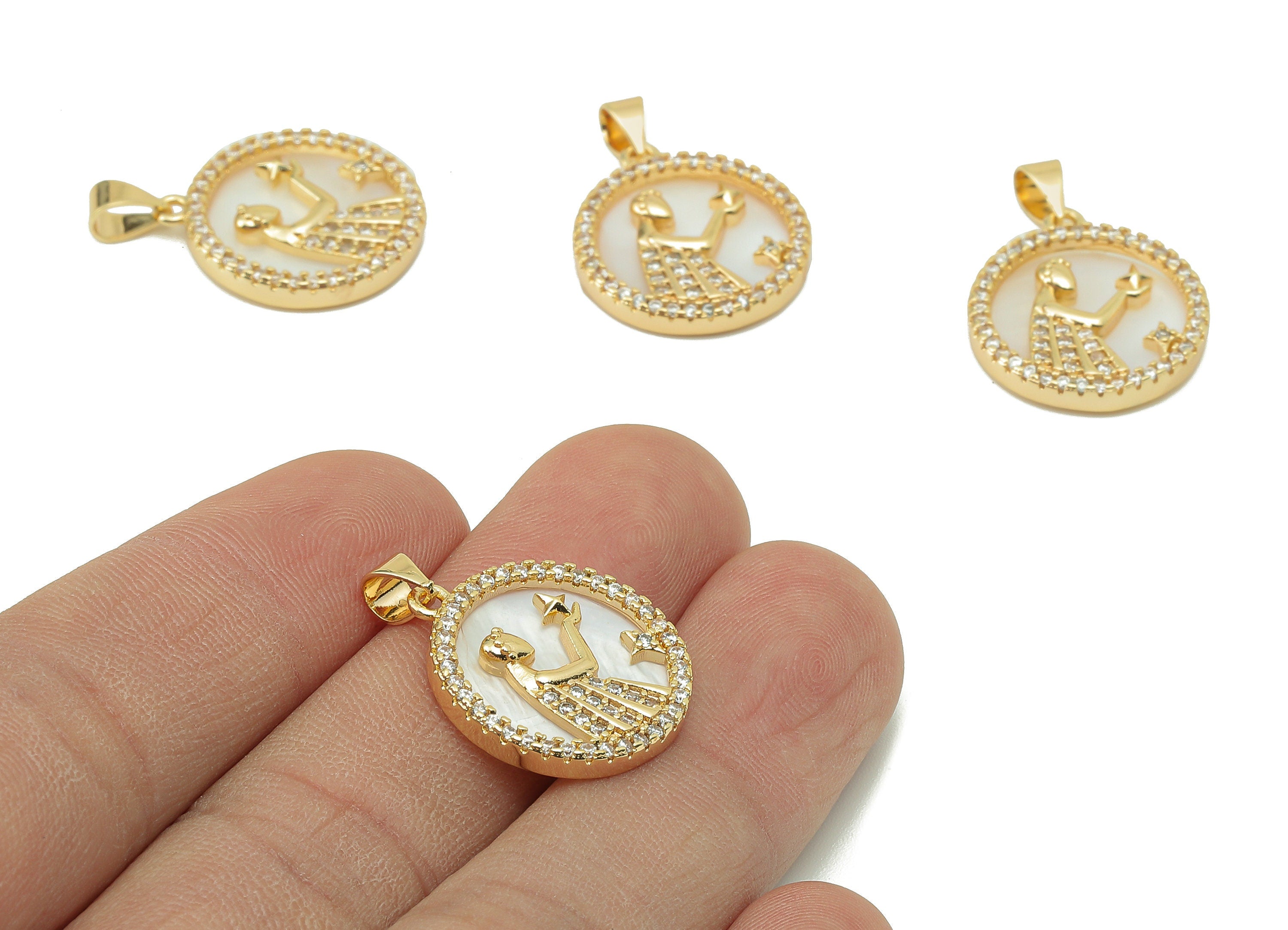 Brass Horoscope Zircon Round Virgo Charm - White Shell Zodiac Pendant-CZ Shell Virgo Charm-18K Real Gold Plating-25.64x18.49x2.89mm-RGP5887H - DOMEDBAZAAR
