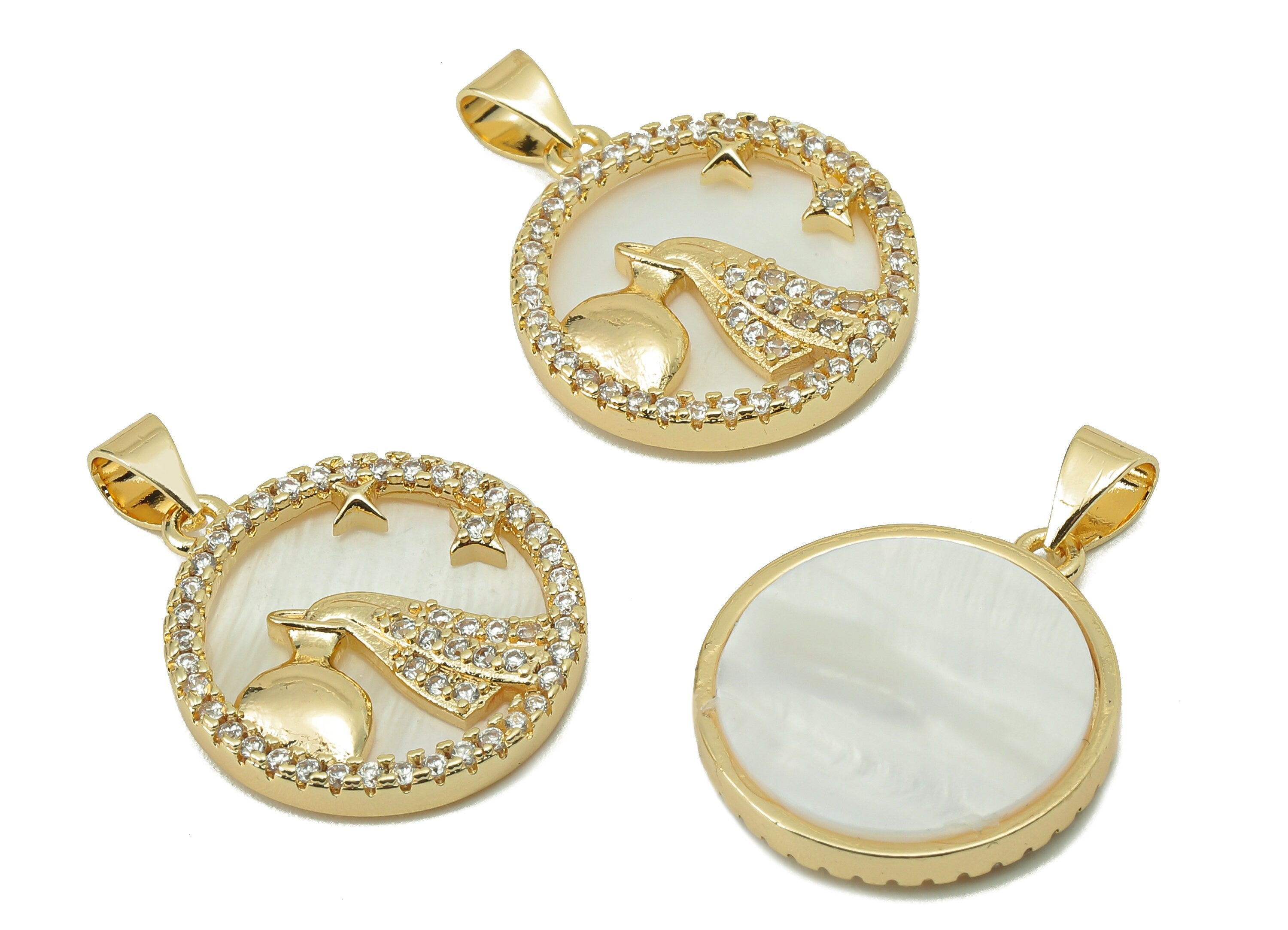Brass Horoscope Zircon Round Aquari Charm - Shell Zodiac Pendant-CZ Aquari Gold Pendant -18K Real Gold Plating-25.64x 18.49x 2.89mm-RGP5887M - DOMEDBAZAAR