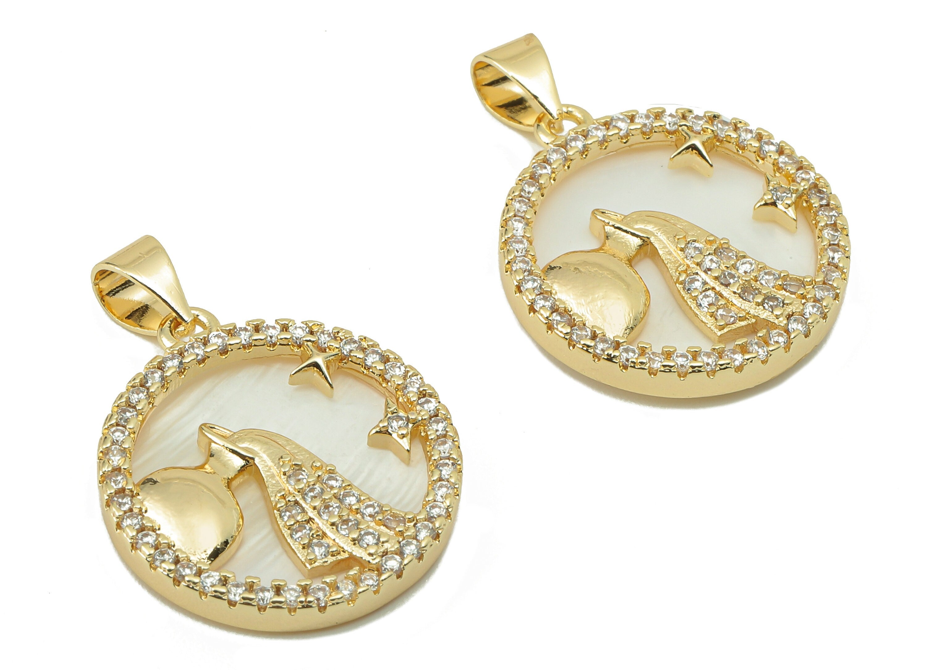 Brass Horoscope Zircon Round Aquari Charm - Shell Zodiac Pendant-CZ Aquari Gold Pendant -18K Real Gold Plating-25.64x 18.49x 2.89mm-RGP5887M - DOMEDBAZAAR