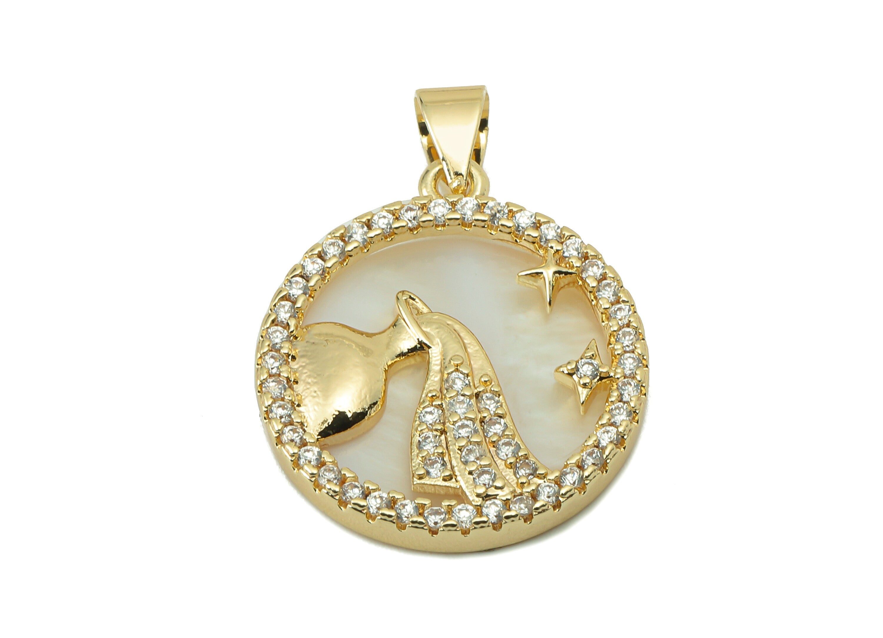 Brass Horoscope Zircon Round Aquari Charm - Shell Zodiac Pendant-CZ Aquari Gold Pendant -18K Real Gold Plating-25.64x 18.49x 2.89mm-RGP5887M - DOMEDBAZAAR