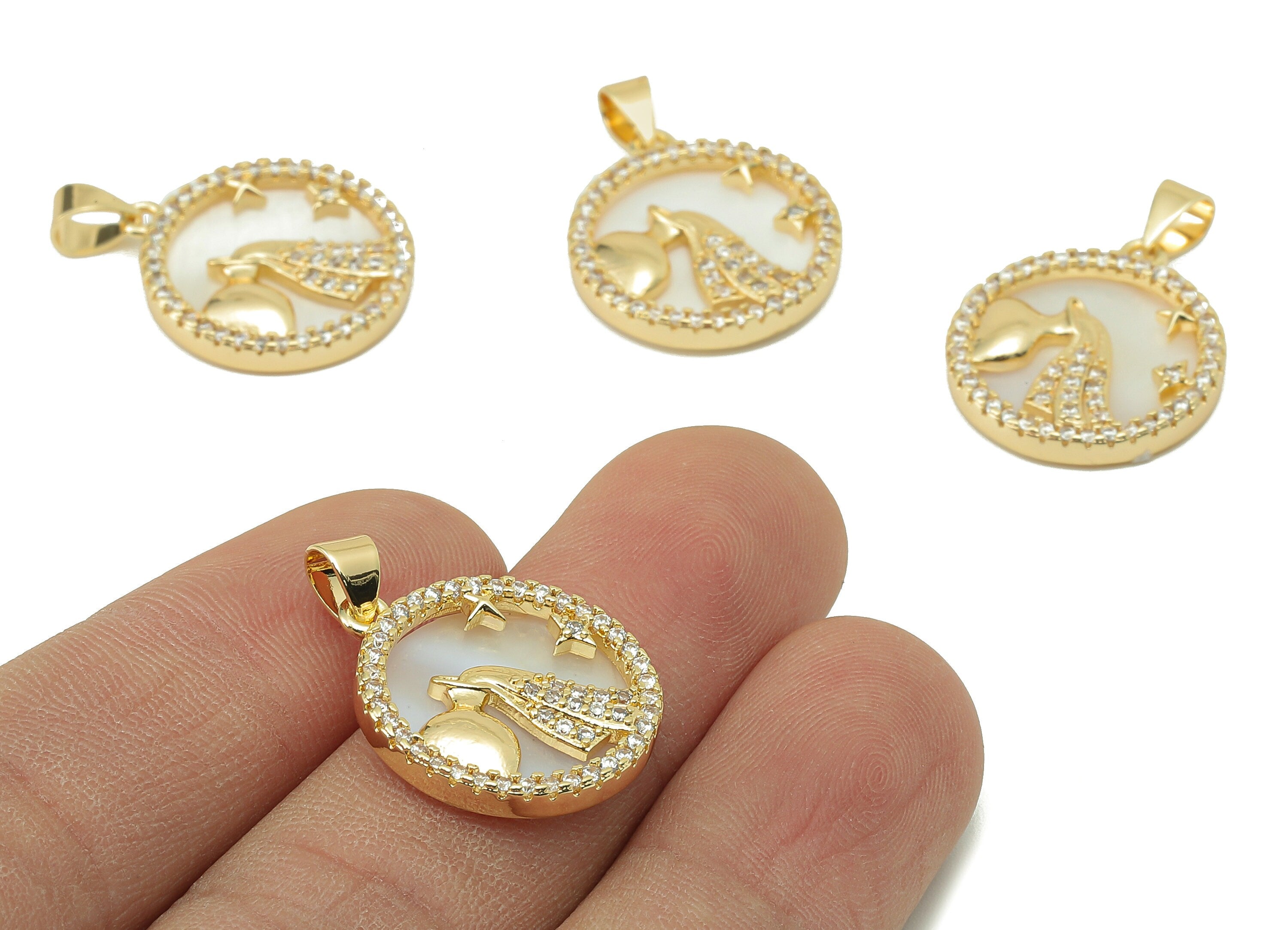 Brass Horoscope Zircon Round Aquari Charm - Shell Zodiac Pendant-CZ Aquari Gold Pendant -18K Real Gold Plating-25.64x 18.49x 2.89mm-RGP5887M - DOMEDBAZAAR