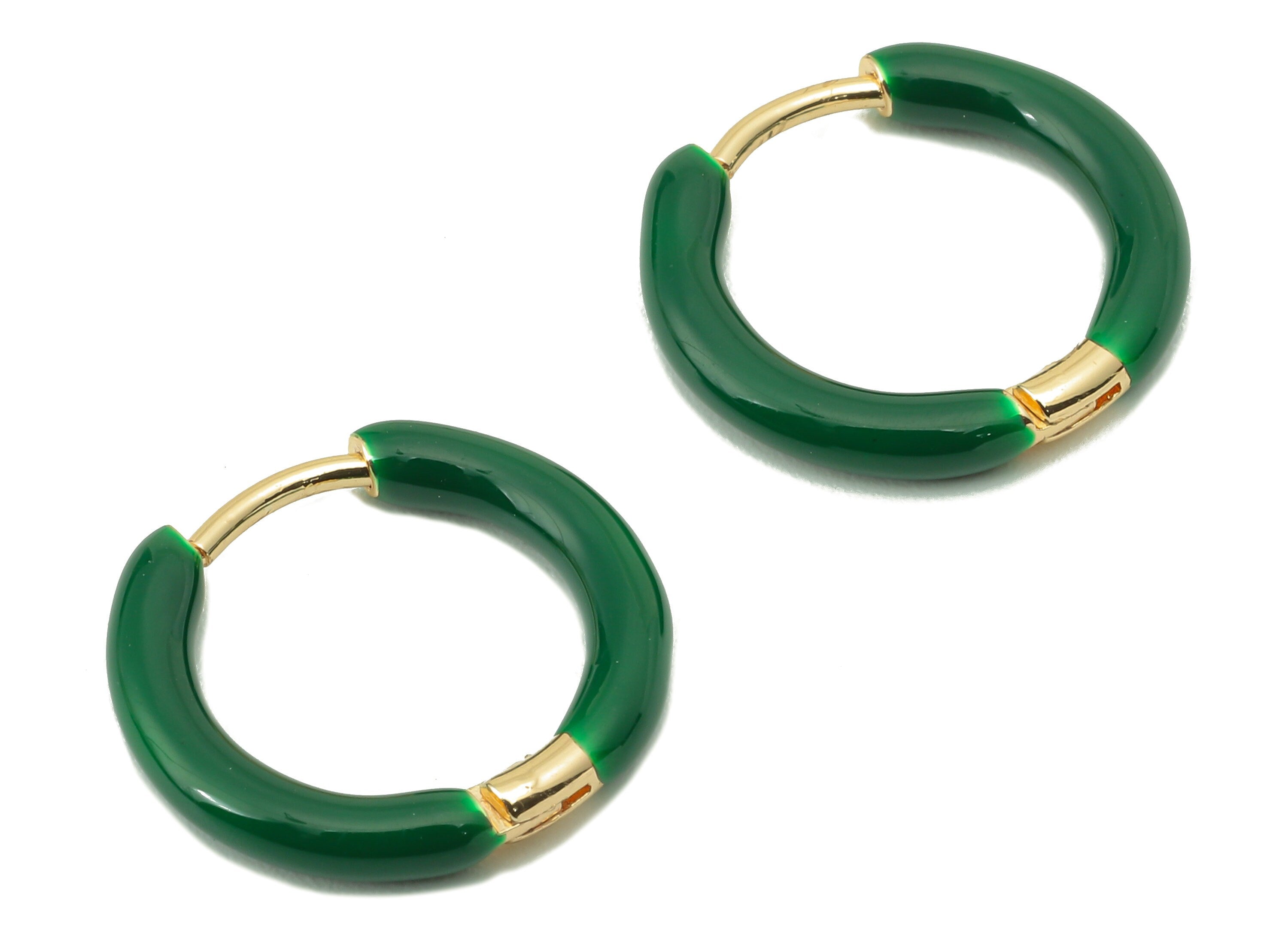 Stainless Steel Circle Earrings Clasps - Green Enamel Hoop Earrings - Huggie Hoop Clasp -18K Real Gold Plating-16.57x 15.19x 2.71mm-RGP5889B - DOMEDBAZAAR